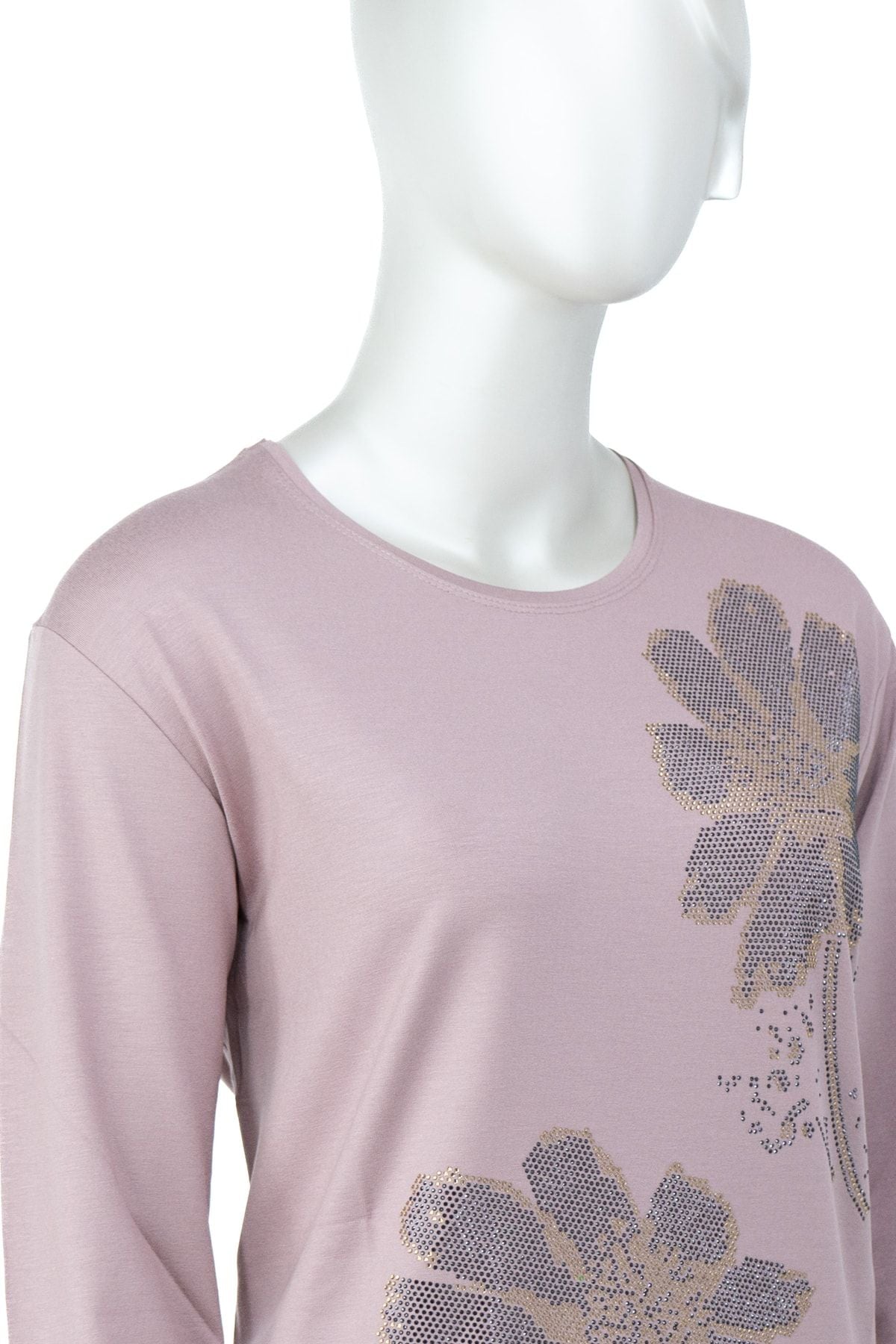 Kadın Papatya Taşlı Yuvarlak Yaka Uzun Kollu Tam Kalıp Likralı Viskon Penye Kumaş Anne Bluz