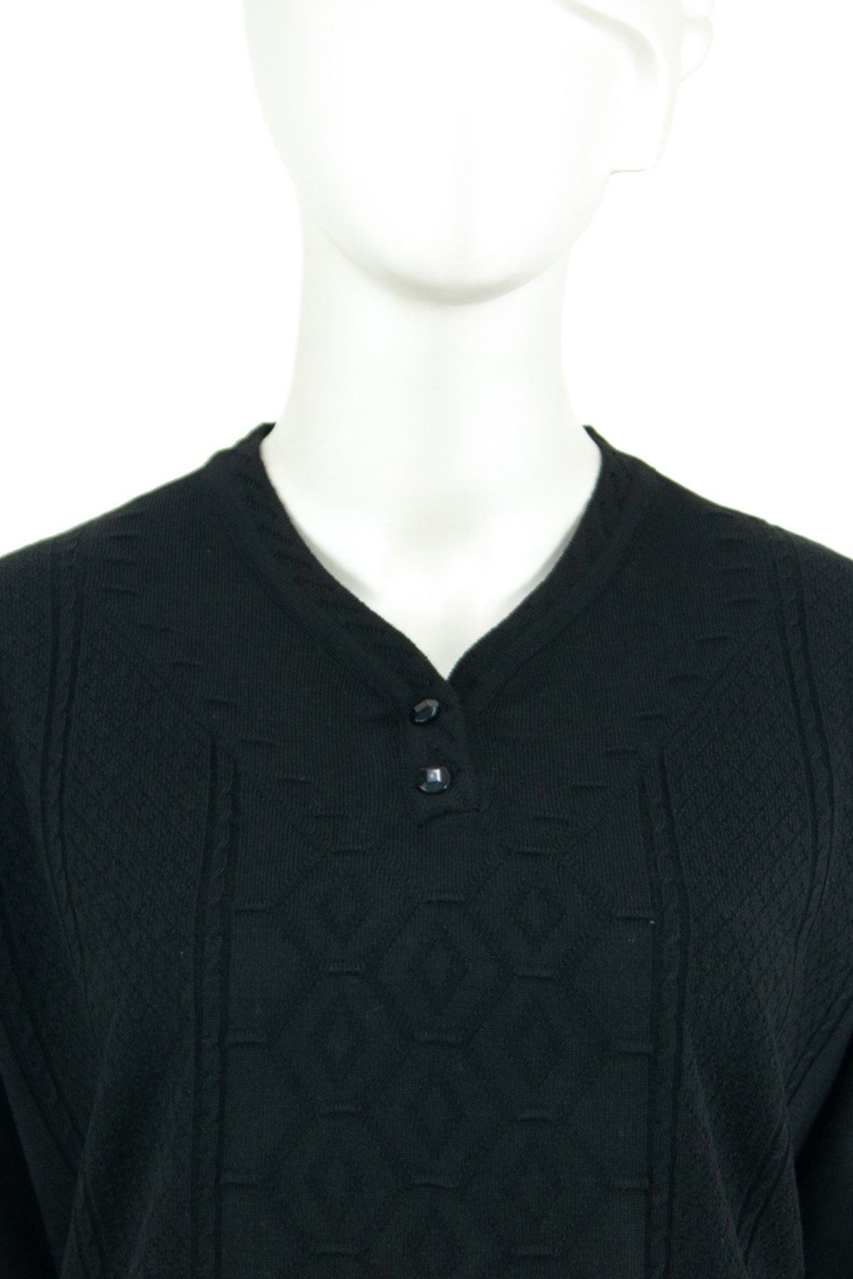 Kadın Kışlık Zümrüt Motifli Düğmeli Armut Yakalı Likralı Pamuklu Triko Dokuma Anne Kazak