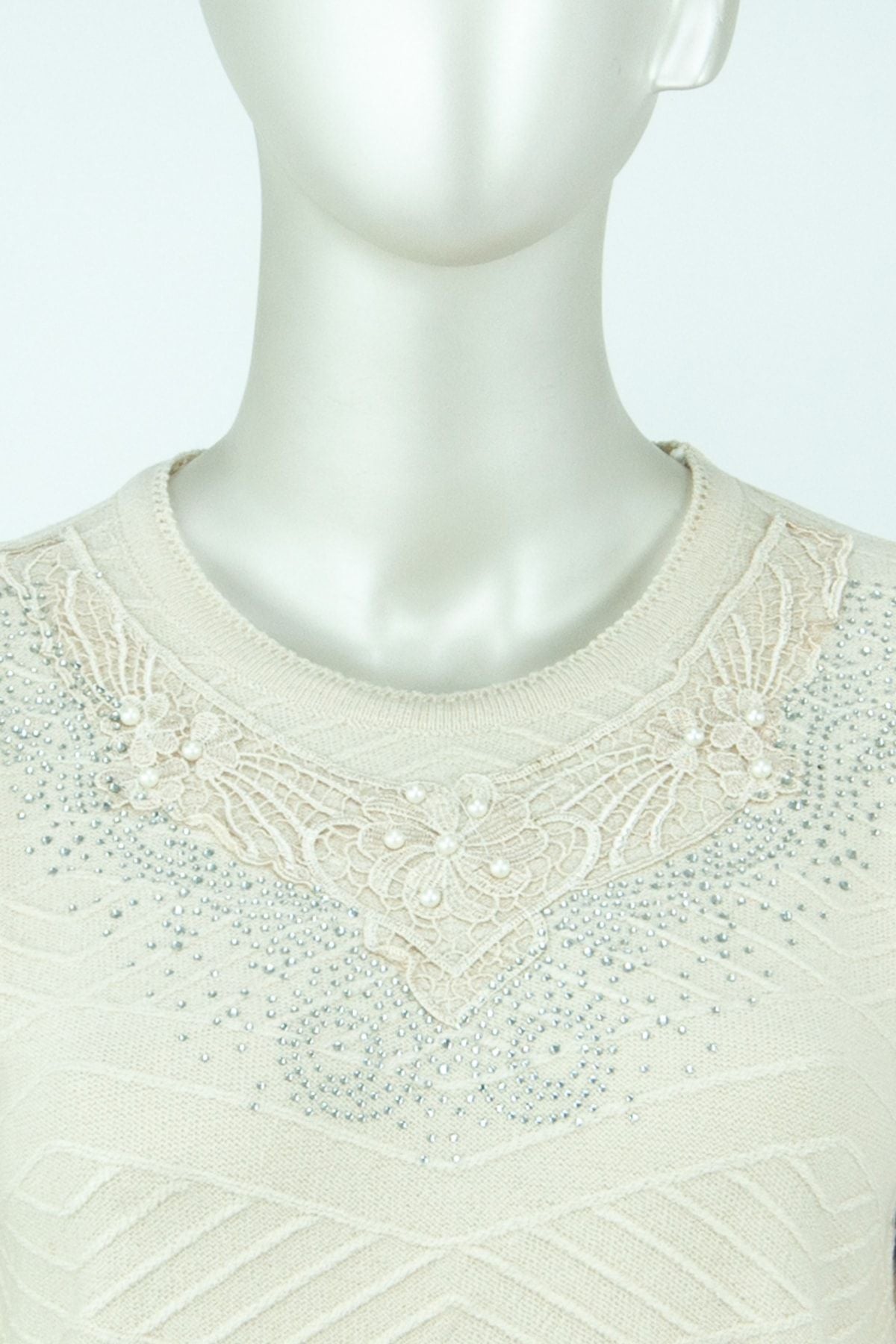 Kadın Kışlık Buket Motifli Boncuklu Ve Taşlı Dar Kesim Kardelen Dokuma Genç Anne Triko Kazak