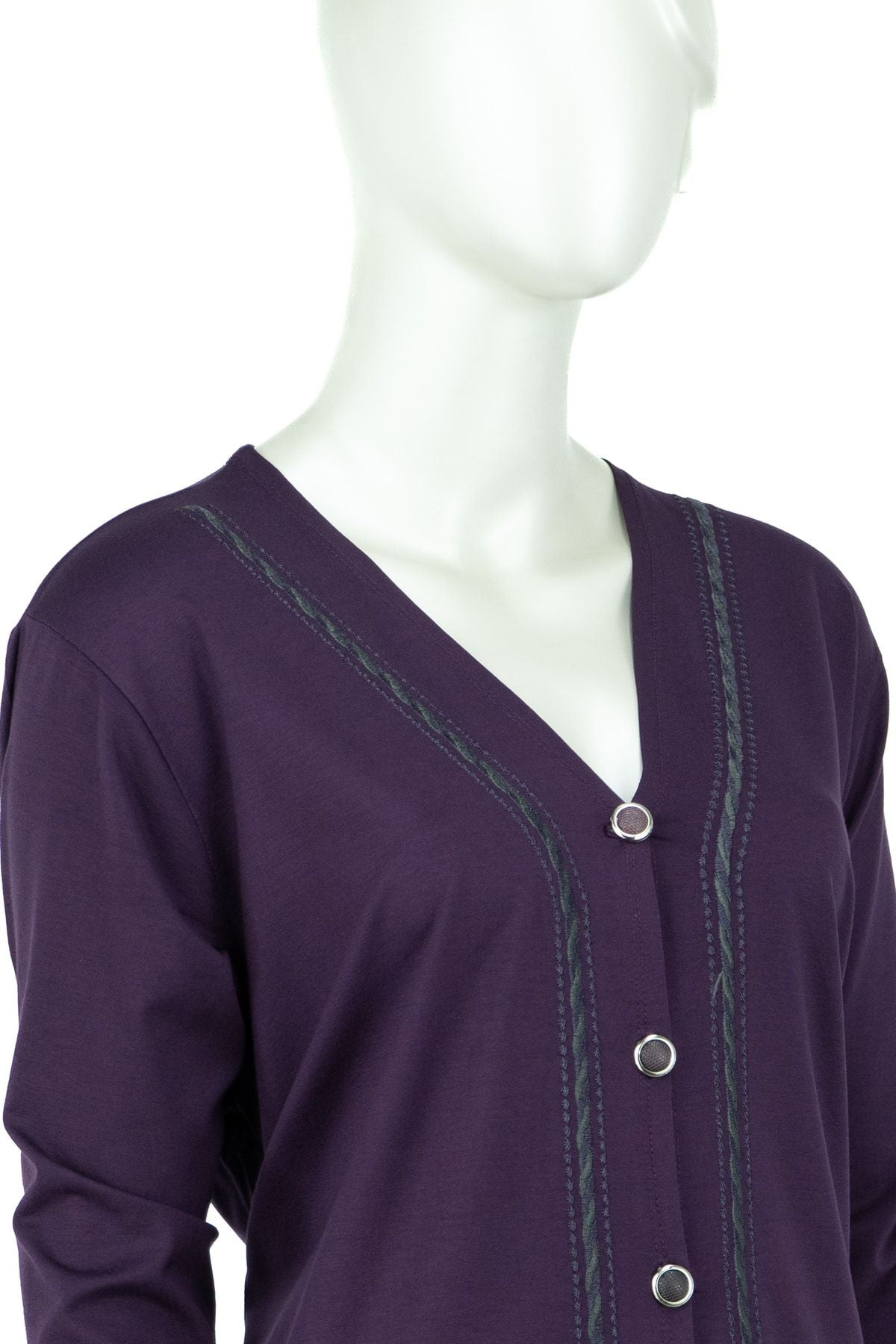 Kadın Düğmeli Ve Çift Cepli Şık Örgü Detaylı V Yaka Turlu Viskon Penye Kumaş Anne Hırka