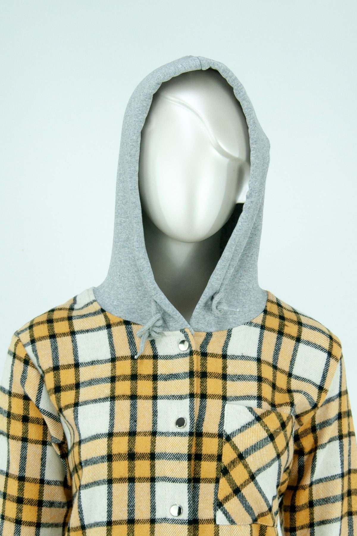 Kadın Ekose Desenli Önü Düğmeli Cepli Kapüşonlu Uzun Kollu Pamuklu Şardonlu Oduncu Gömleği