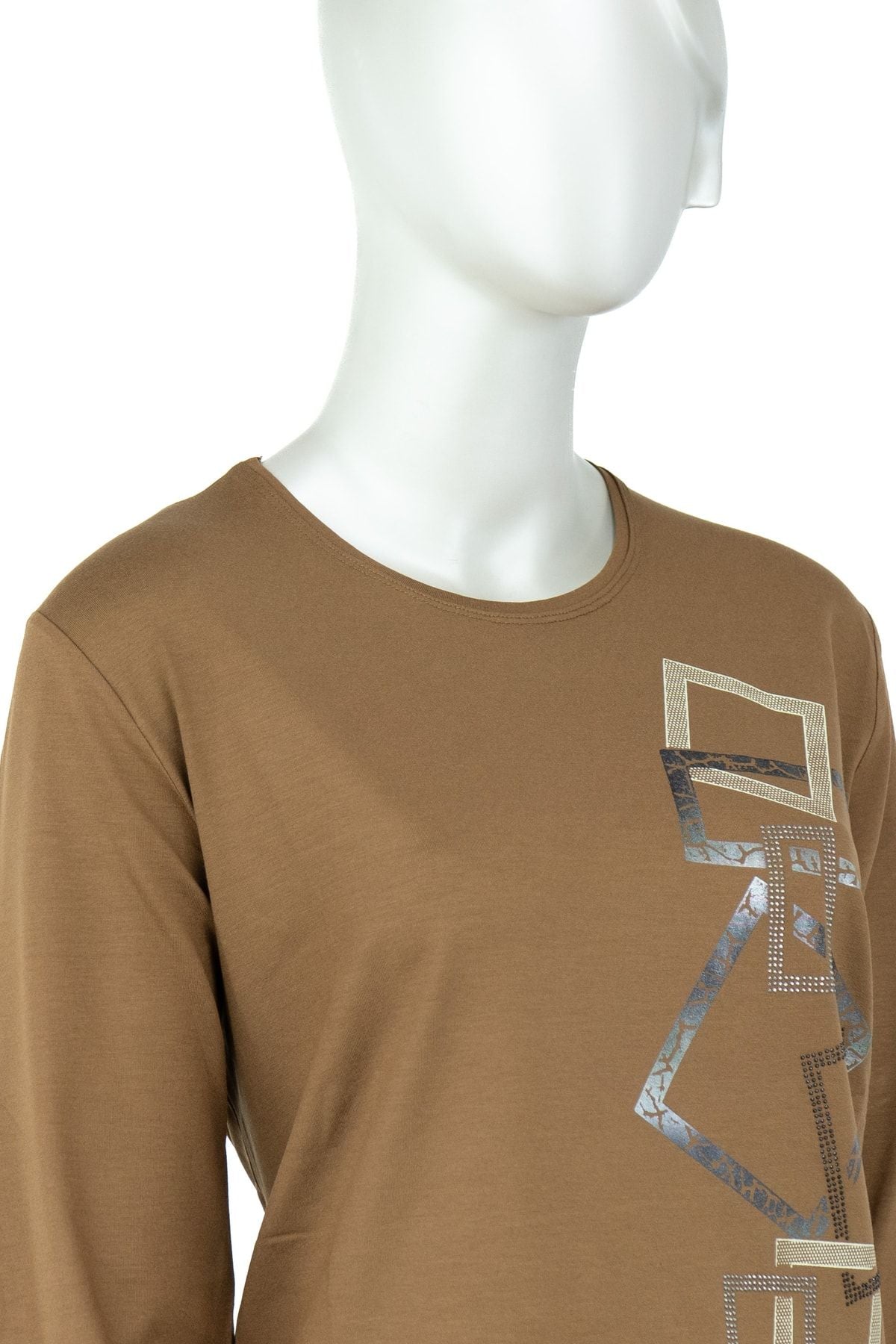 Kadın Desenli Taşlı Yuvarlak Yaka Tam Kalıp Likralı Premium Viskon Penye Kumaş Anne Bluz