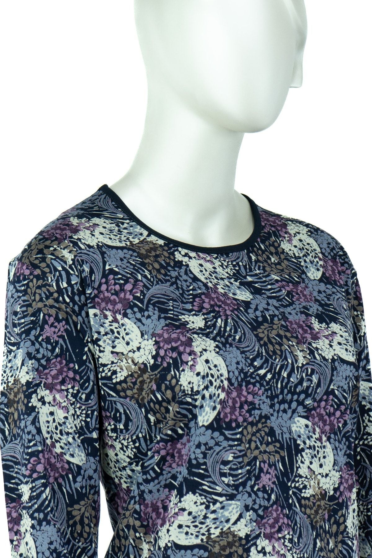 Kadın Salkım Desenli Yuvarlak Yaka Uzun Kollu Tam Kalıp Turlu Viskon Penye Kumaş Anne Bluz