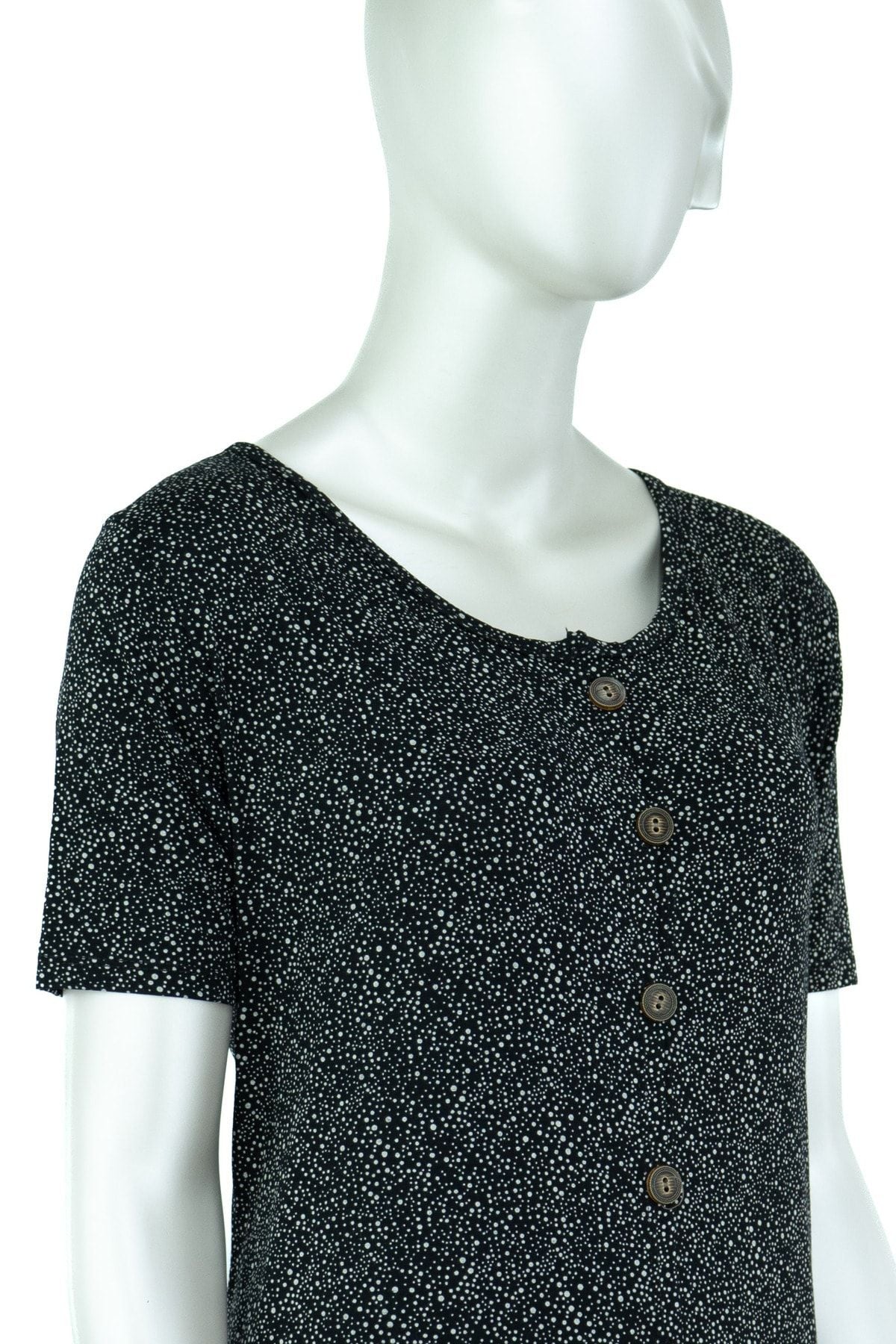 Kadın Puantiye Desenli Kısa Kol V Yaka Tam Kalıp Likralı Viskon Kumaş Klasik Diz Altı Elbise