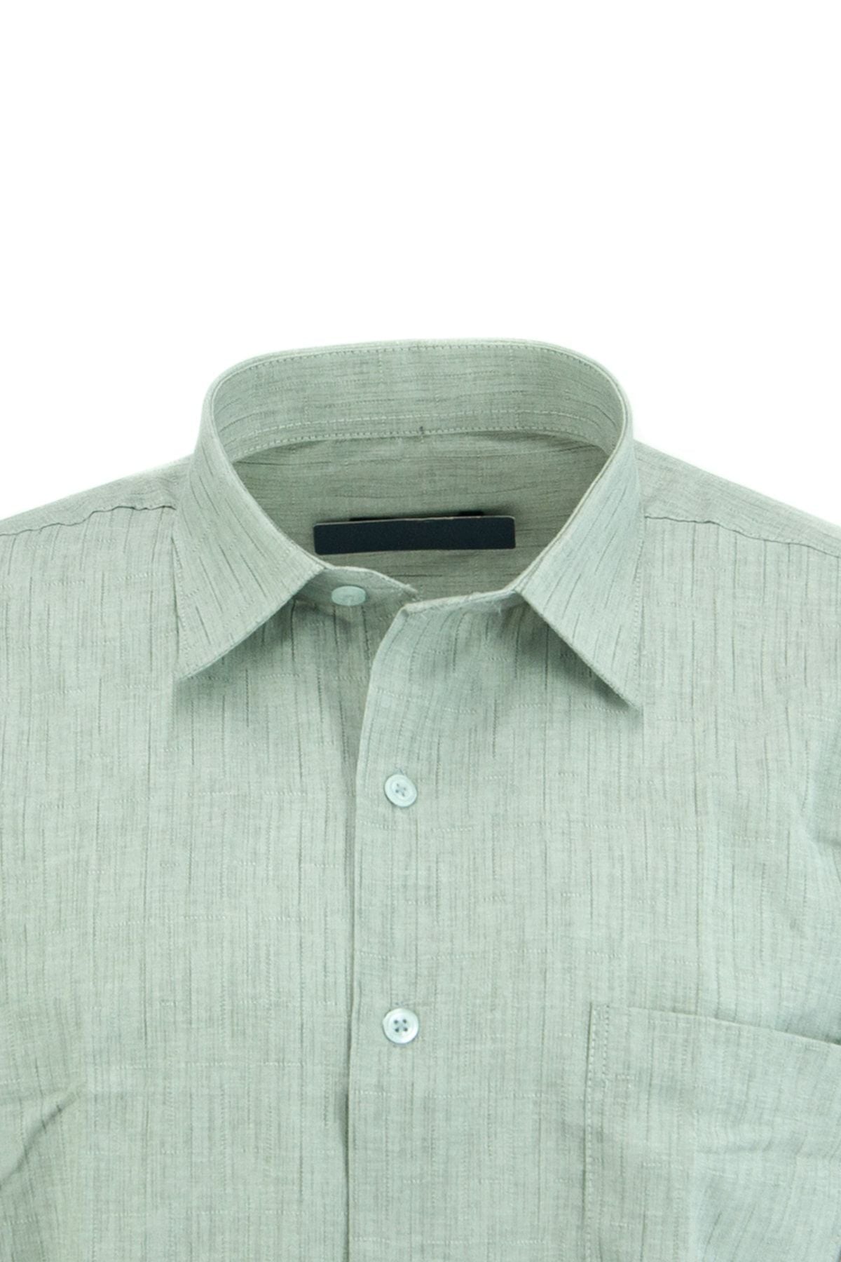 Erkek Şık Çizgi Desenli Kısa Kollu Normal Kesim Tek Cepli Pamuklu Kumaş Gömlek