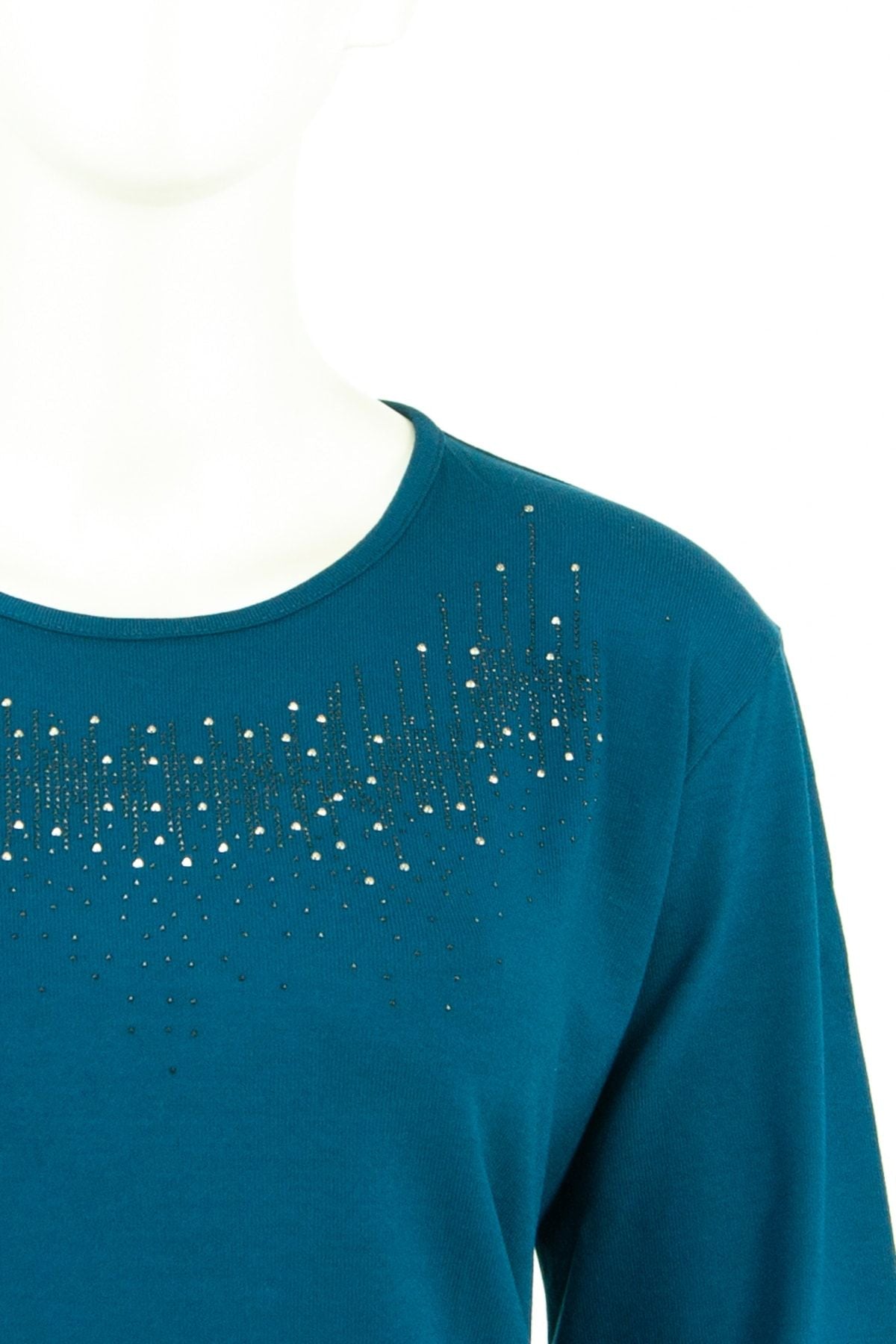 Kadın Damla Taşlı Ve Desenli Uzun Kollu Yuvarlak Yaka Likralı Nergiz Kumaş Anne Ince Kazak