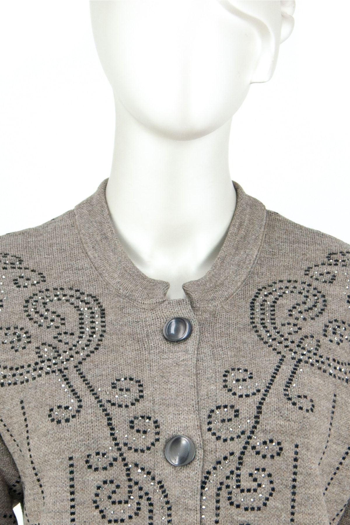 Kadın Kışlık Düğmeli Şık Taşlı Modelli Çift Cepli Likralı Yuvarlak Yaka Dokuma Anne Hırka