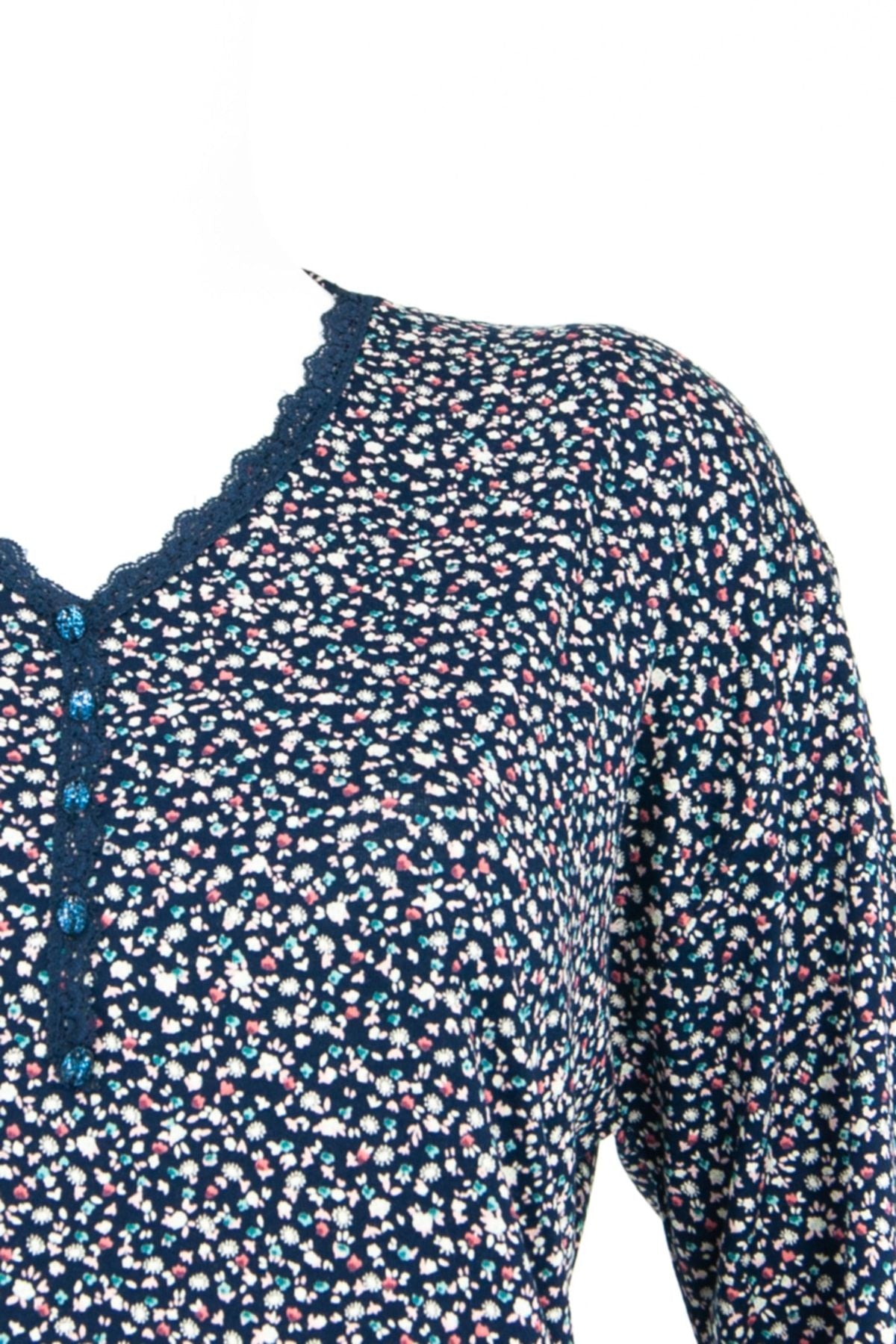 Kadın Düğme Süslü V Yaka Normal Kesim Likralı Uzun Kollu Viskon Penye Kumaş Anne Bluz