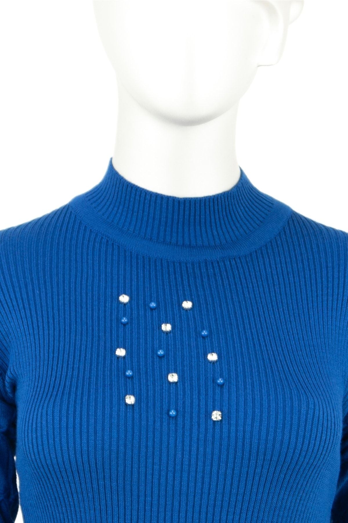 Kadın Kışlık Şık Boncuk Ve Taş Motifli Uzunkol Bedene Oturan Likralı Yünlü Dokuma Badi Kazak