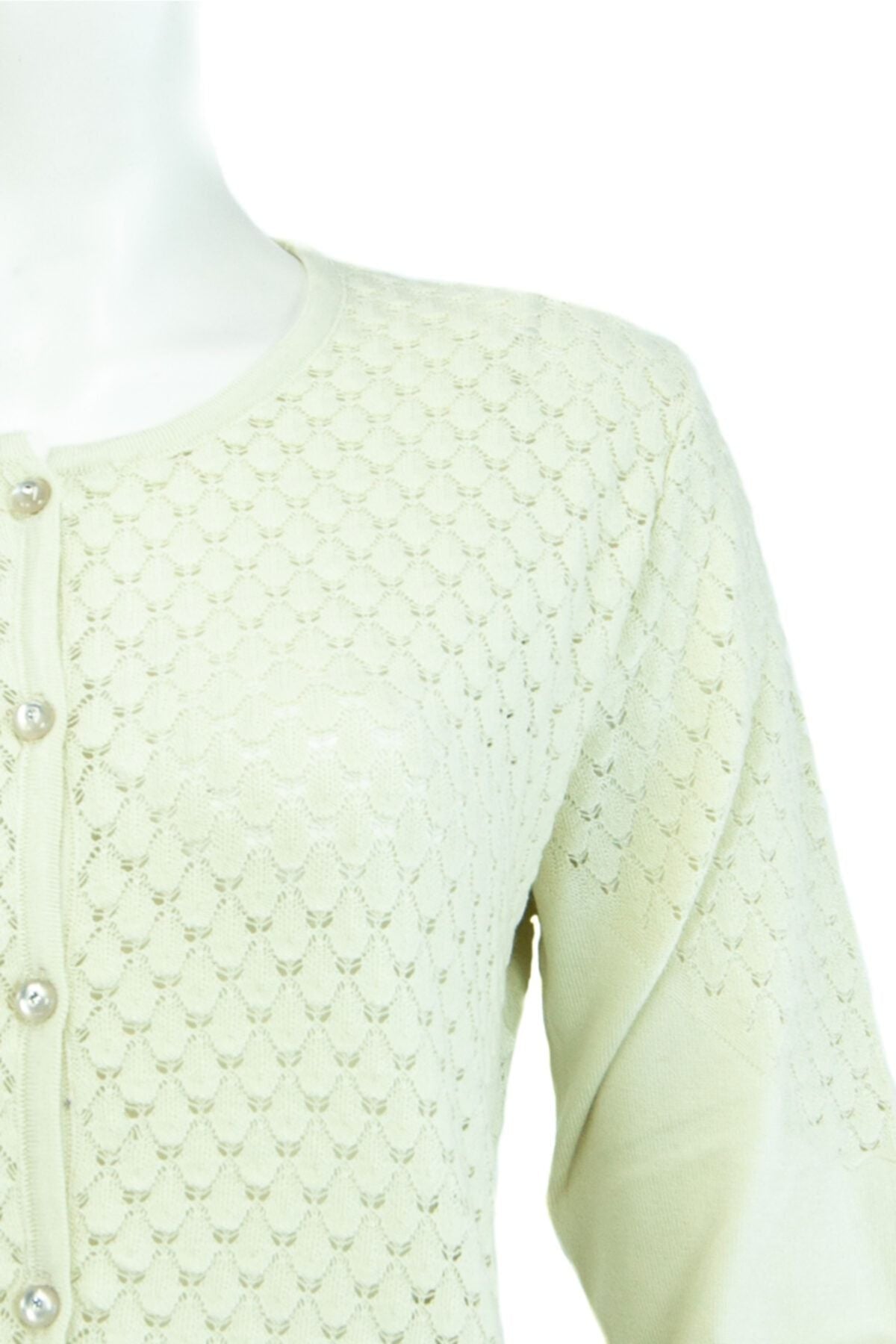 Kadın Krem Mevsimlik Uzun Kol Yuvarlak Yaka Boydan Düğmeli Likralı Triko Dokuma Hırka