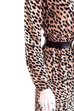 Kadın Leopar Desenli Butik Elbise Beli Kemerli Ve Lastikli Dar Kesim Likralı Krinkle Kumaş