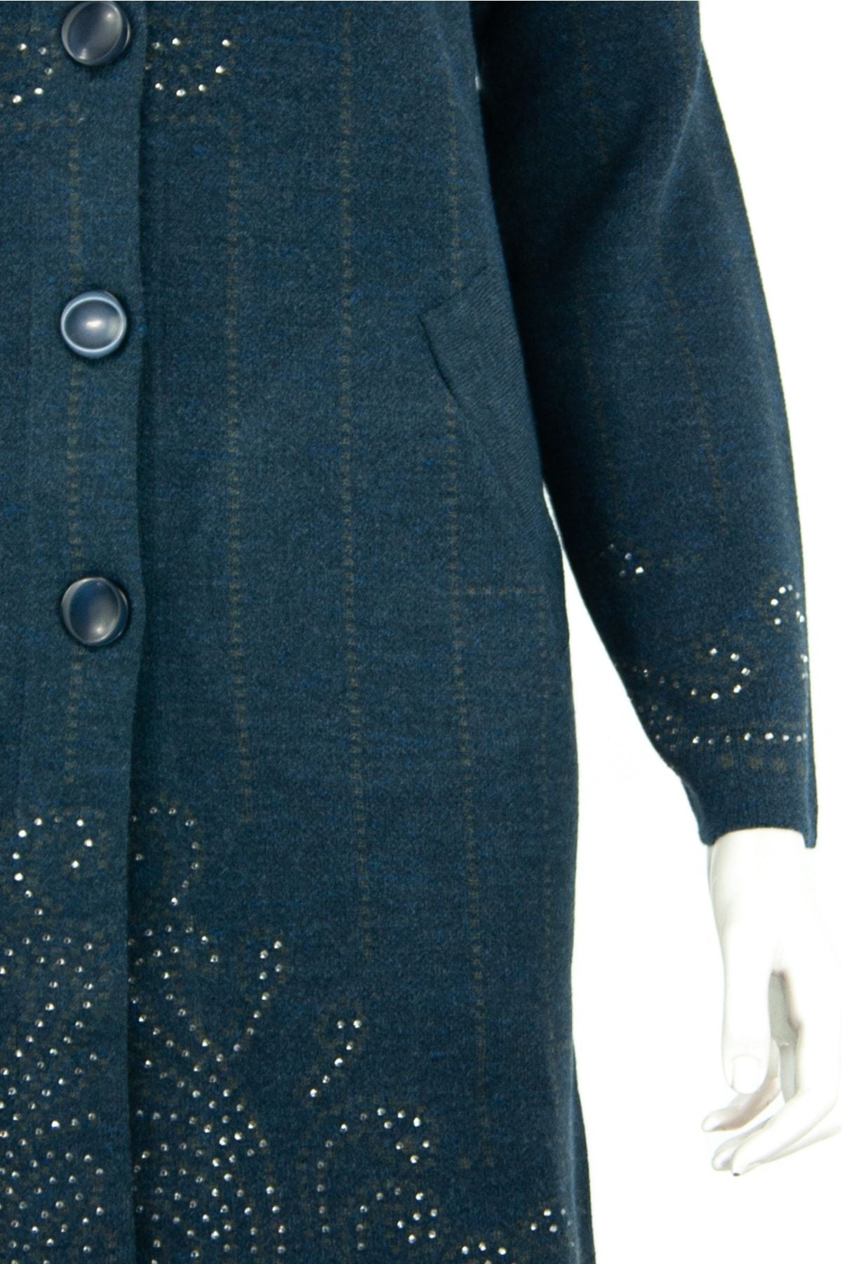 Kadın Kışlık Düğmeli Şık Taşlı Modelli Çift Cepli Likralı Yuvarlak Yaka Dokuma Anne Hırka