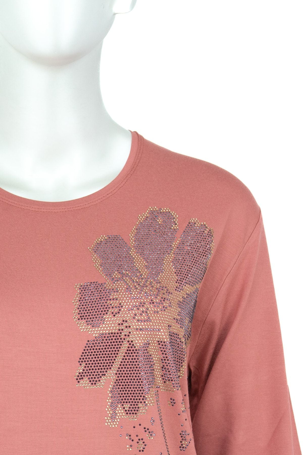 Kadın Papatya Taşlı Yuvarlak Yaka Uzun Kollu Tam Kalıp Likralı Viskon Penye Kumaş Anne Bluz