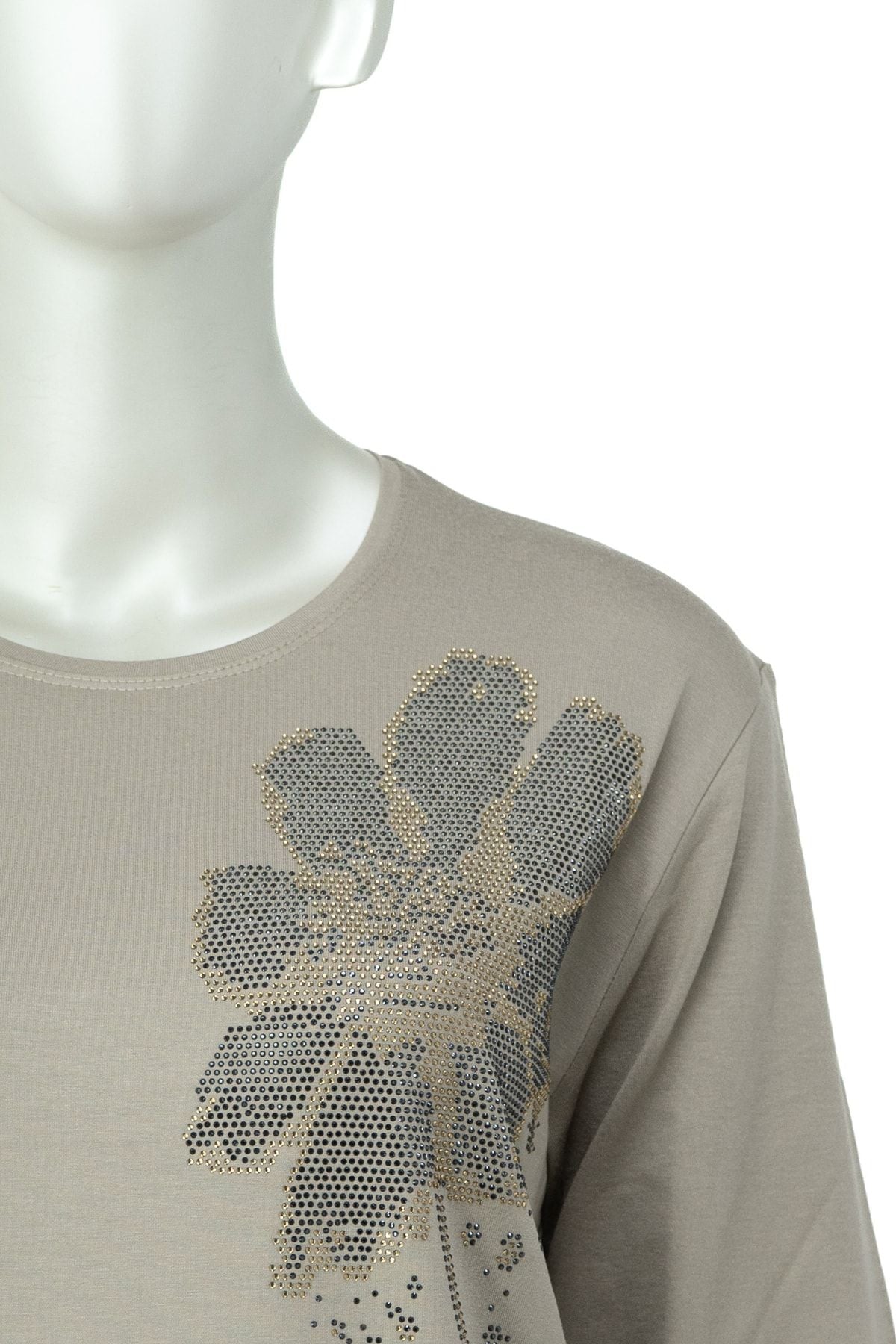 Kadın Papatya Taşlı Yuvarlak Yaka Uzun Kollu Tam Kalıp Likralı Viskon Penye Kumaş Anne Bluz