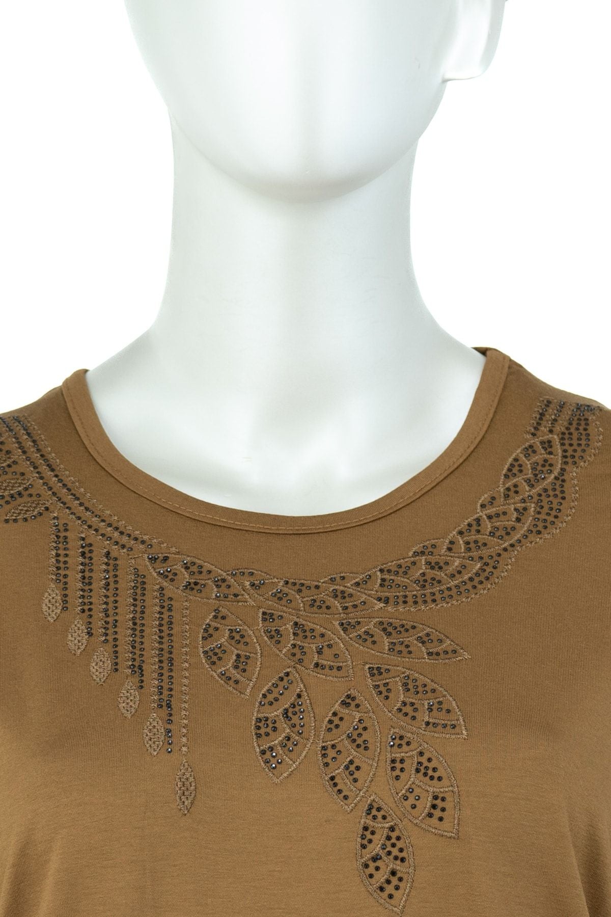 Kadın Kolye Nakışlı Taşlı Normal Kesim Tam Kalıp Likralı Viskon Penye Kumaş Anne Bluz