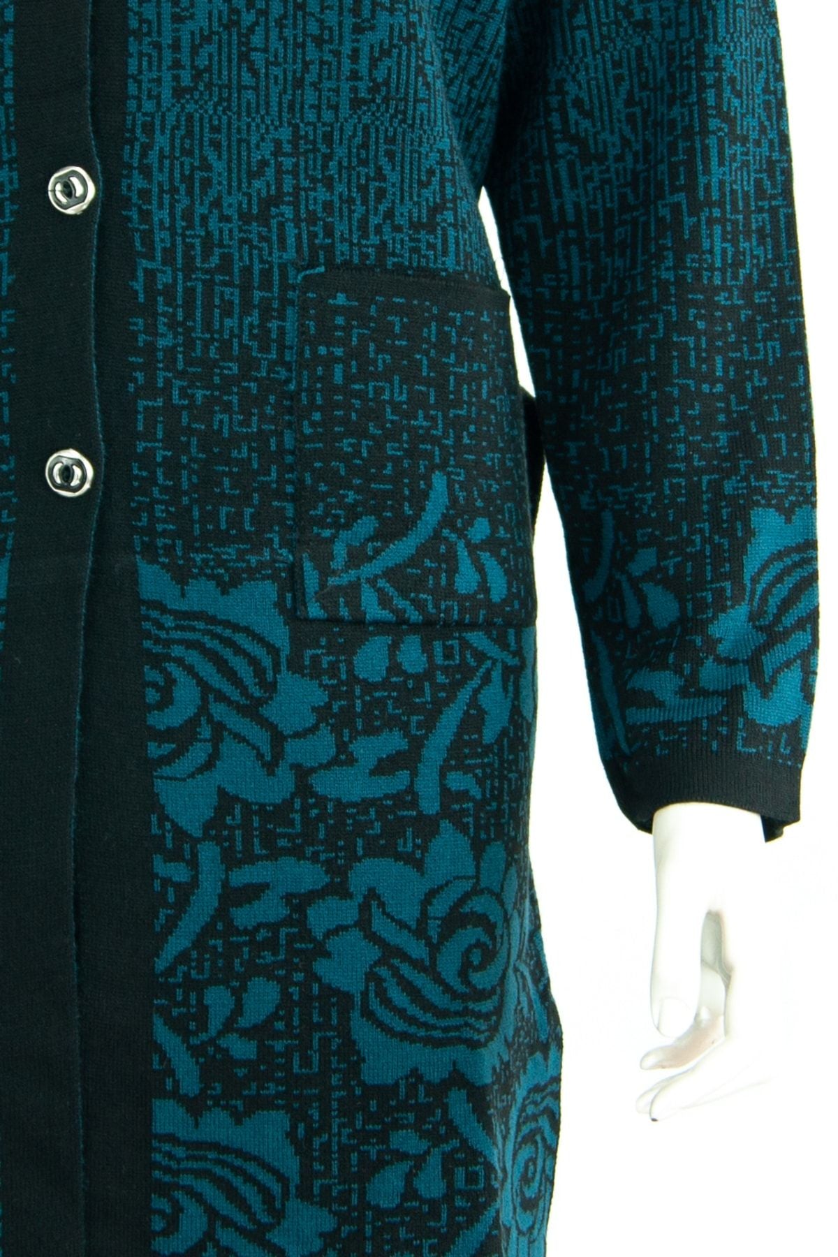 Kadın Anne Hırka Kışlık Triko Boydan Düğmeli Cepli Gül Zamanı Motifli Yünlü Dokuma