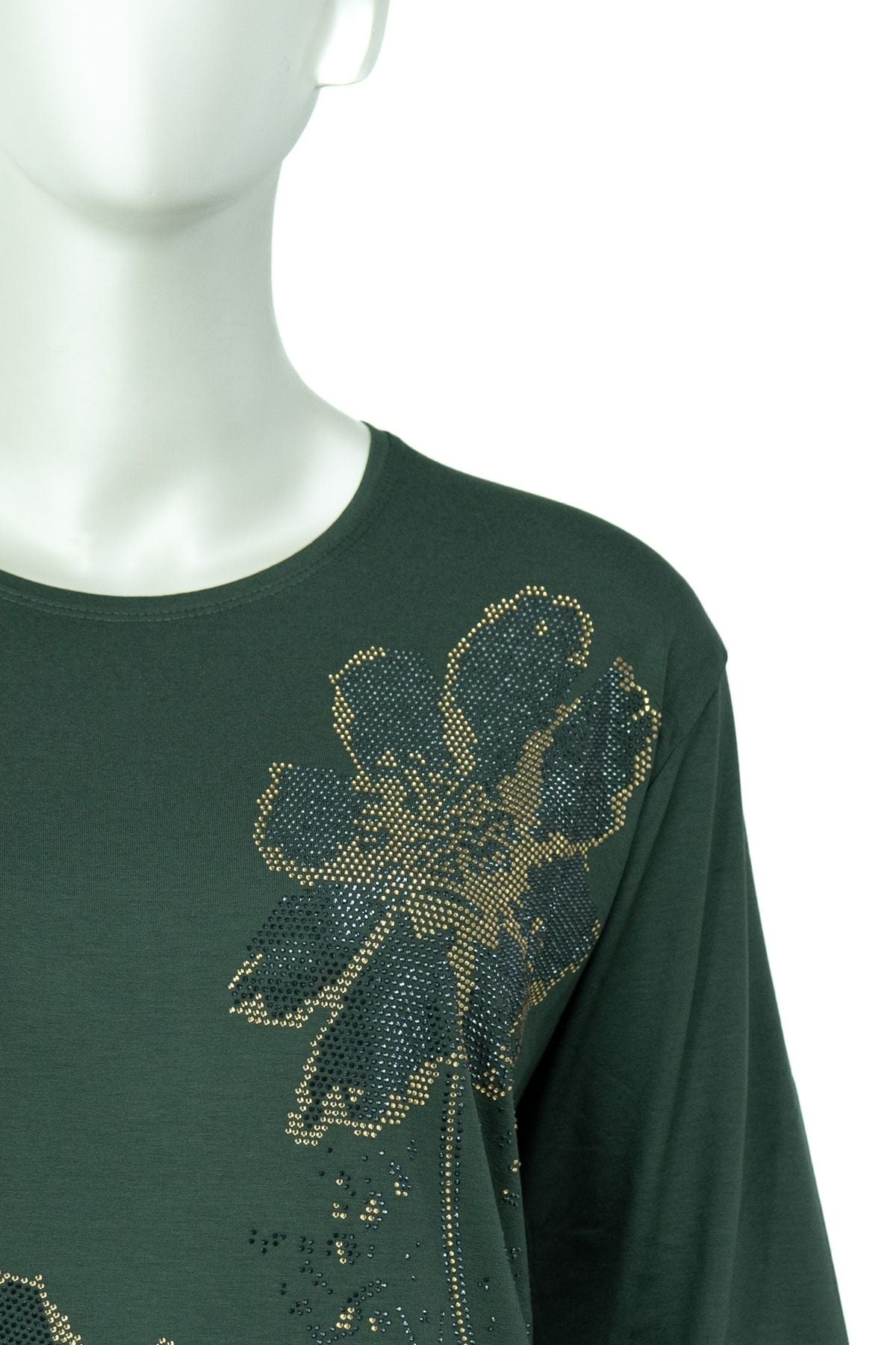 Kadın Papatya Taşlı Yuvarlak Yaka Uzun Kollu Tam Kalıp Likralı Viskon Penye Kumaş Anne Bluz