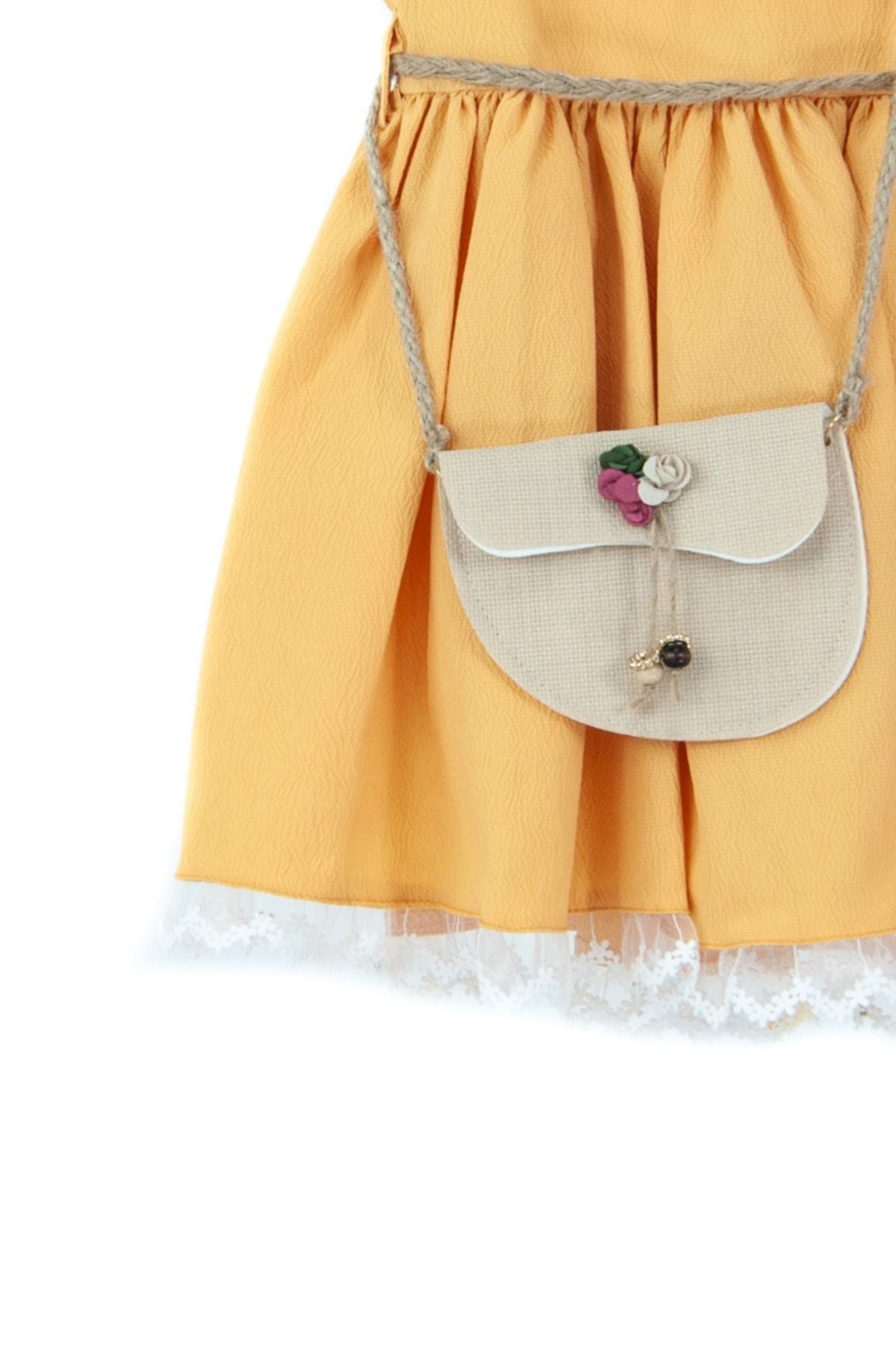 Kız Çocuk 2-3-4-5 Yaş Çantalı Ip Kemerli Yuvarlak Yaka Astarlı Pilili Pamuklu Kumaş Elbise