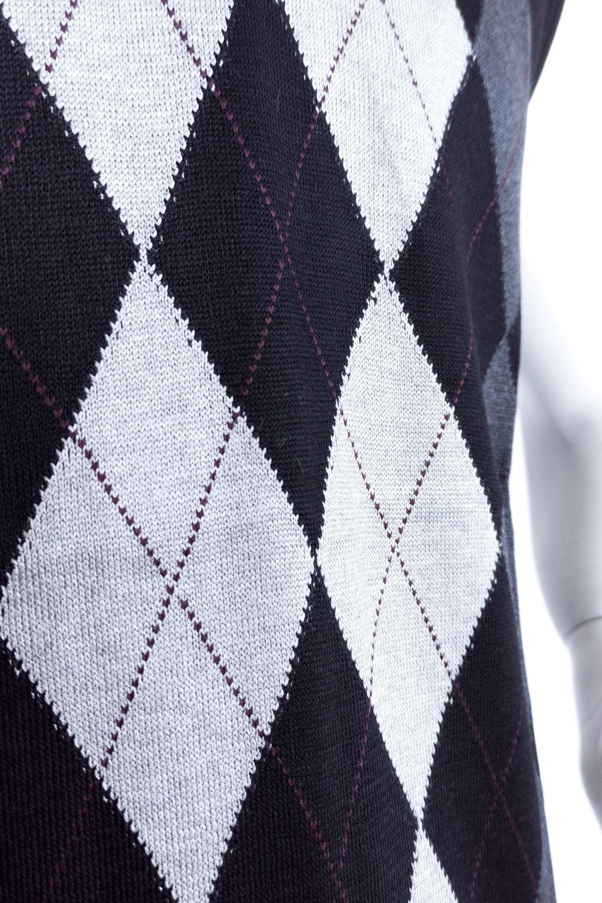 Erkek Siyah Baba Süveteri Baklava Desenli V Yakalı Ince Yün Dokuma