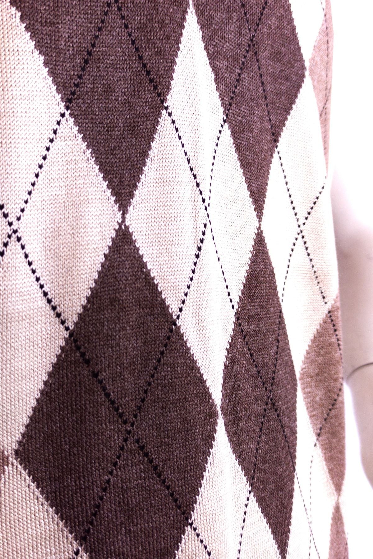 Erkek Krem Baba Süveteri Baklava Desenli V Yakalı İnce Yün Dokuma