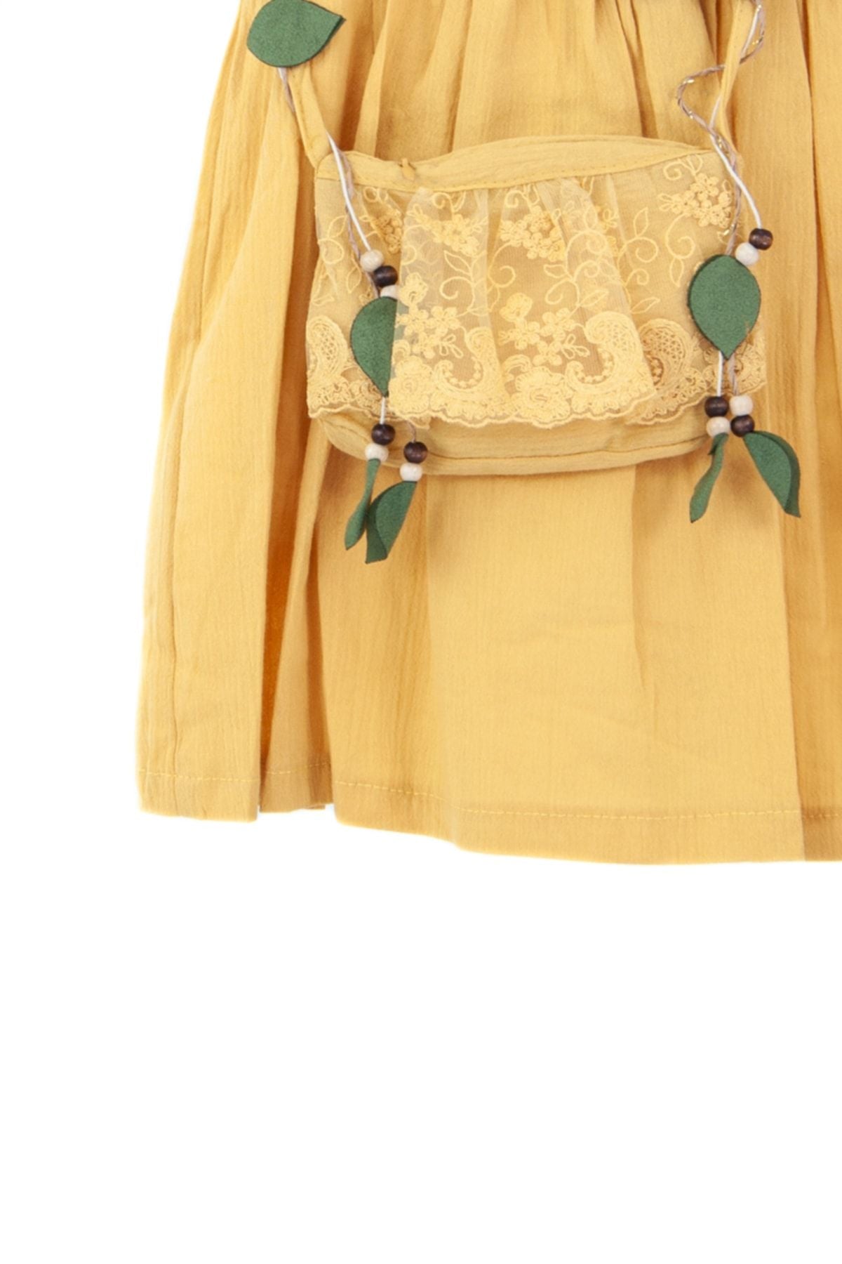 Kız Çocuk Çantalı Kemerli Yuvarlak Yaka Astarlı Pilili Pamuk Kumaş Elbise