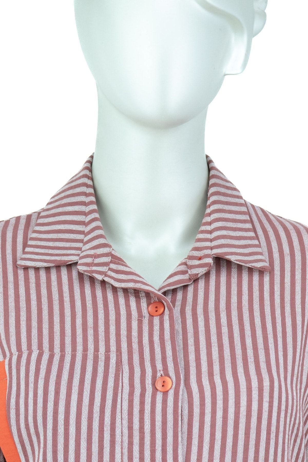 Kadın Çizgi Desenli Uzun Kollu Önü Düğmeli Rahat TamKalıp Premium Pamuklu Kumaş Gömlek Tunik