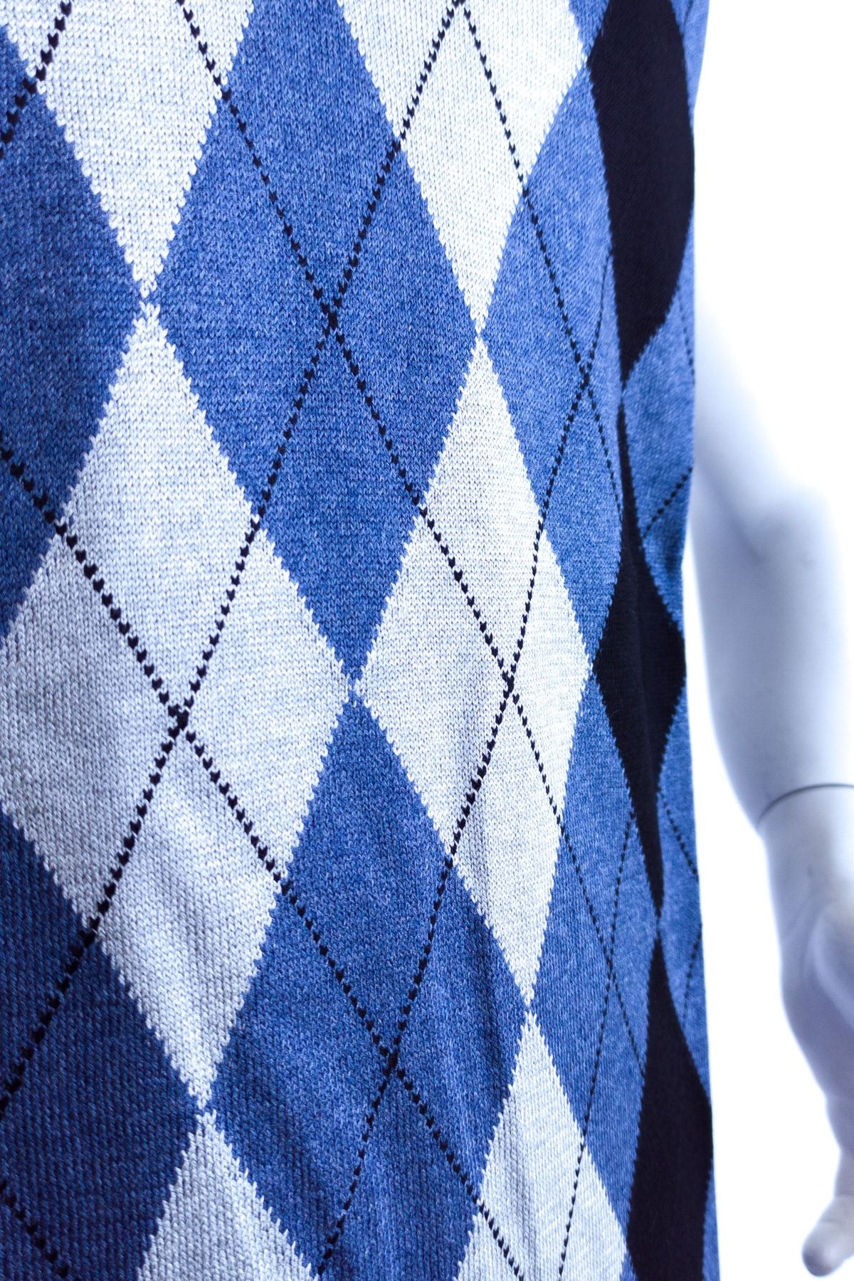 Erkek Mavi Baba Süveteri Baklava Desenli V Yakalı İnce Yün Dokuma