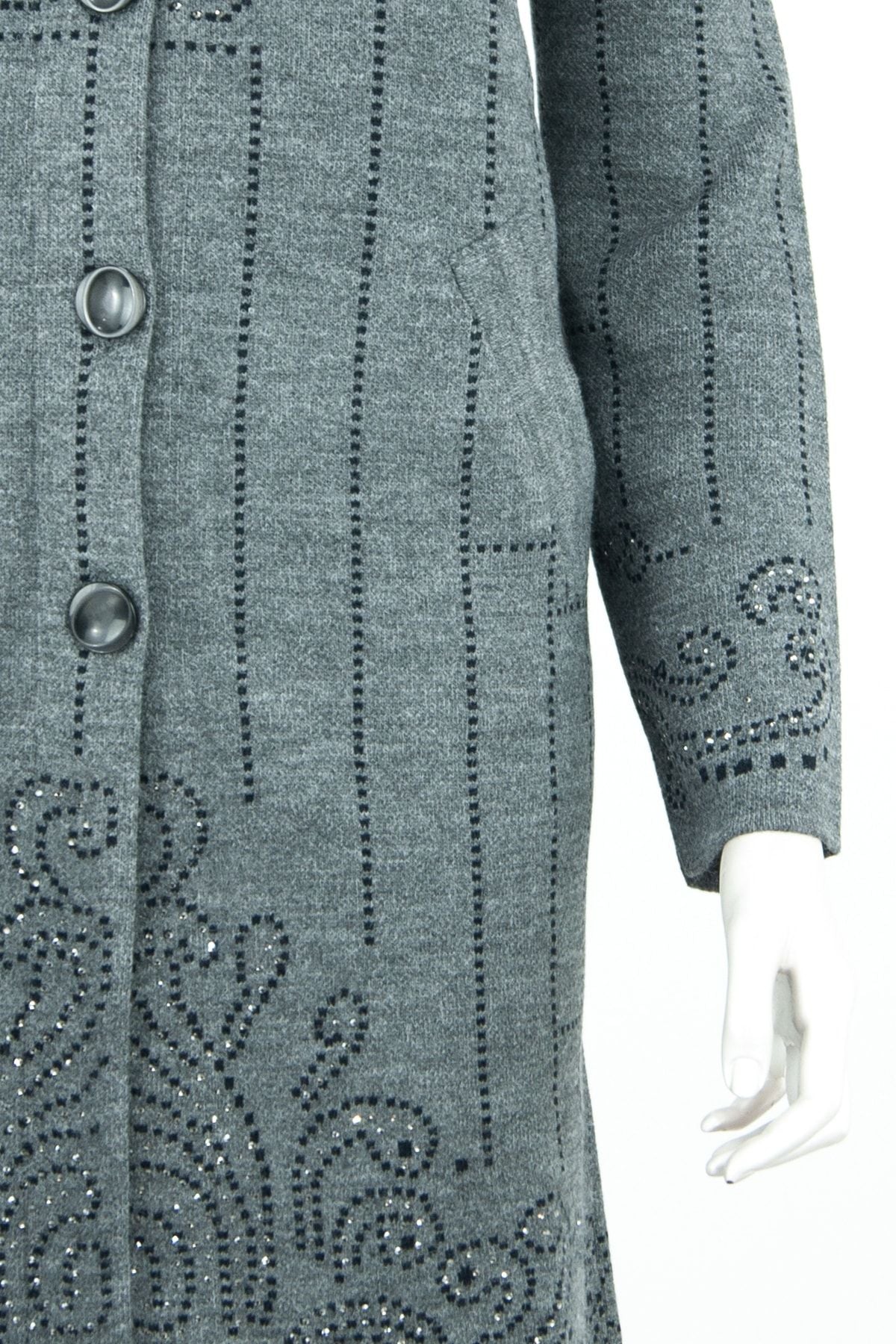 Kadın Kışlık Düğmeli Şık Taşlı Modelli Çift Cepli Likralı Yuvarlak Yaka Dokuma Anne Hırka