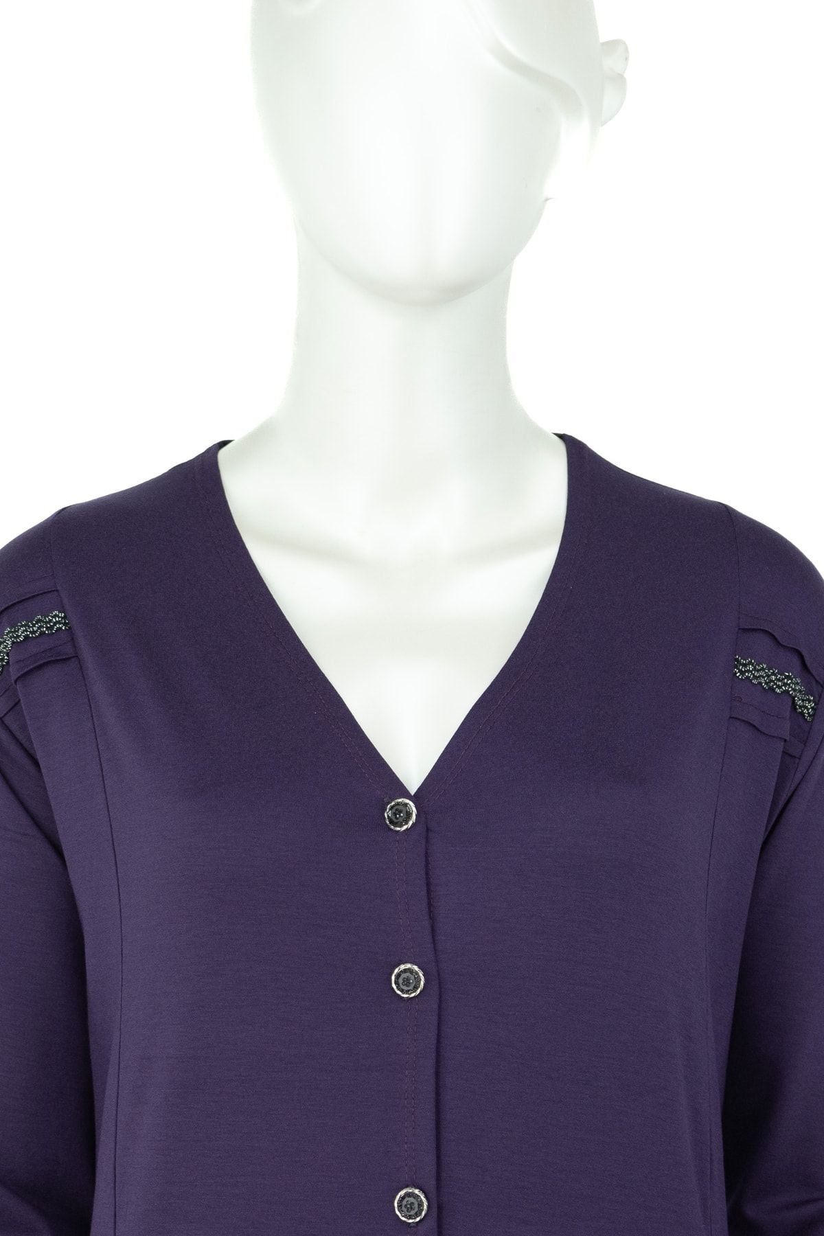 Kadın Önü Düğmeli Ve Çift Cepli Küpürlü Tam Kalıp V Yaka Turlu Viskon Penye Kumaş Anne Hırka