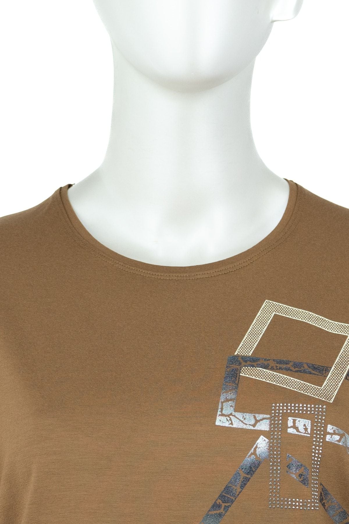 Kadın Desenli Taşlı Yuvarlak Yaka Tam Kalıp Likralı Premium Viskon Penye Kumaş Anne Bluz