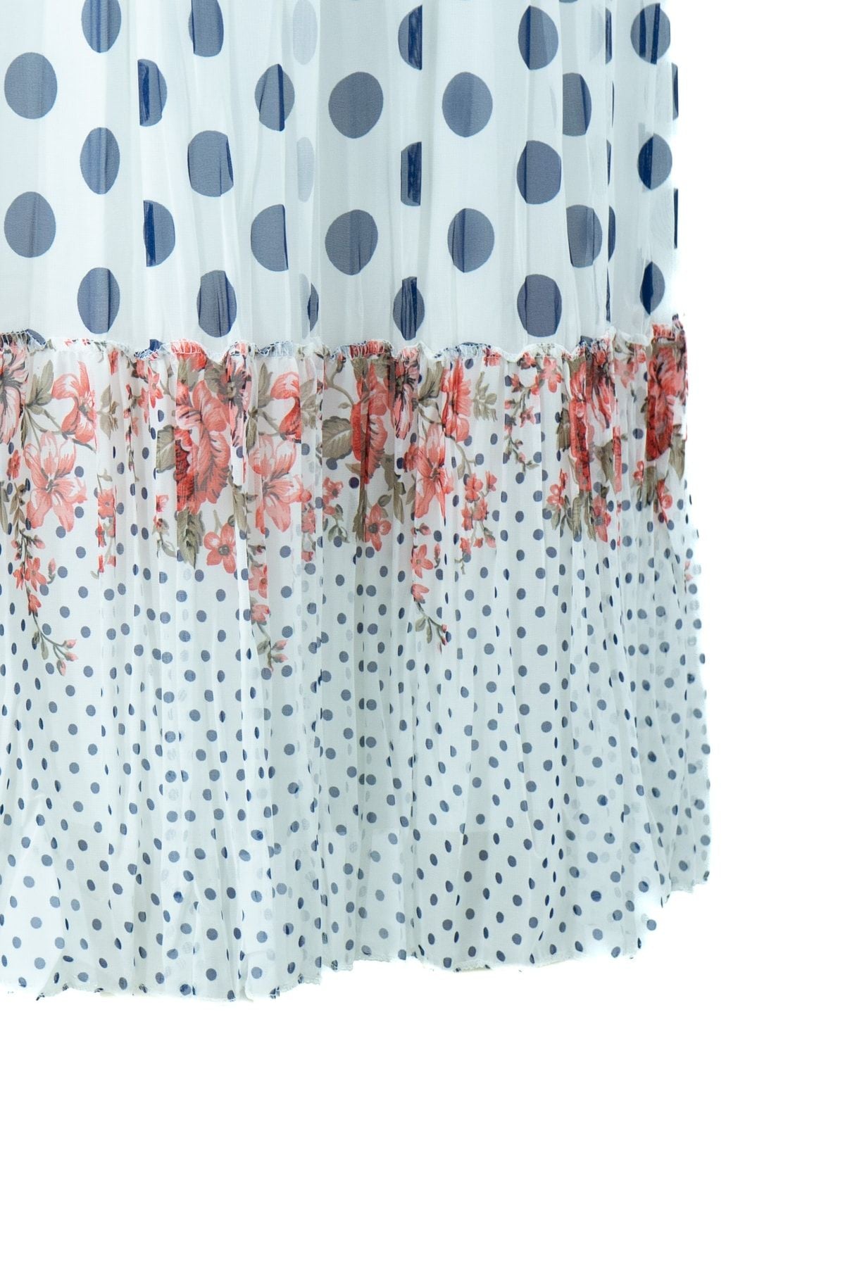 Kadın Bahar Puantiyesi Desenli Rahat Kesim Astarlı Likralı Üç Parçalı Premium Şifon Etek