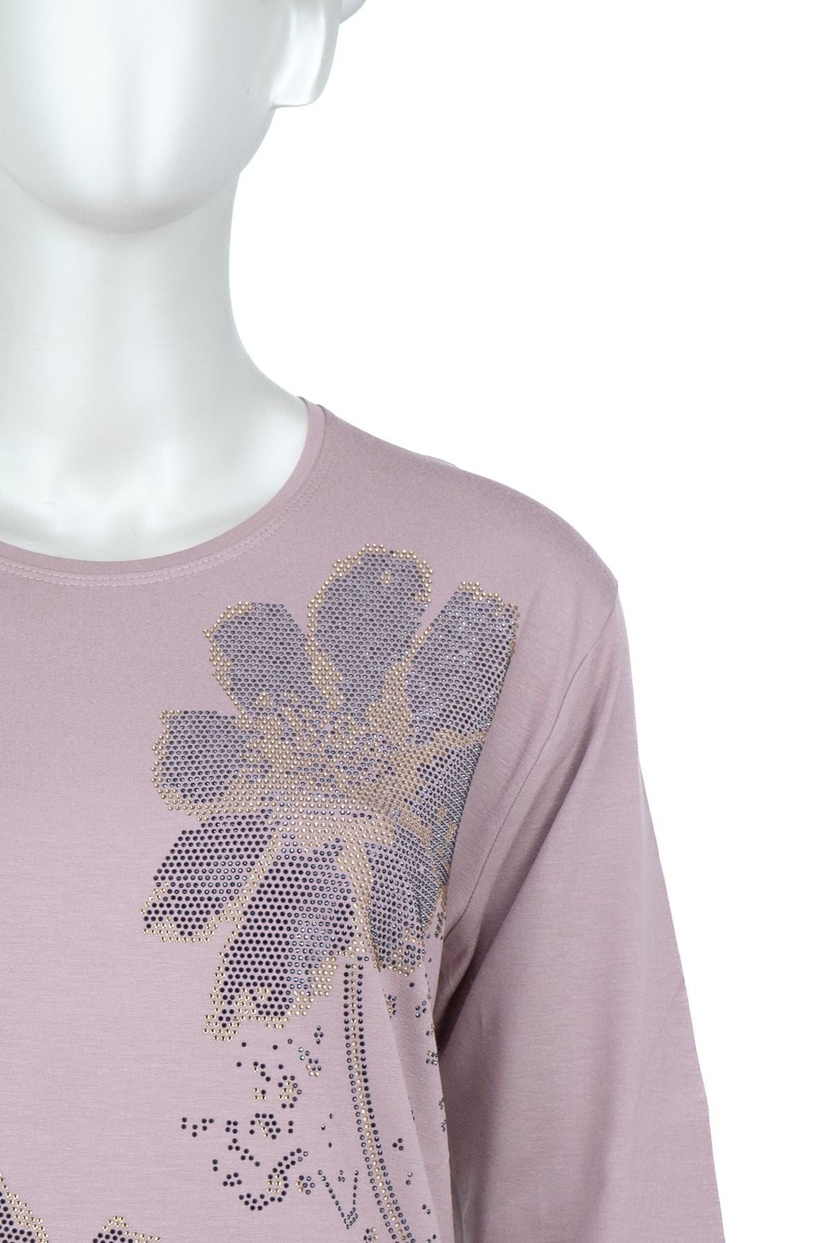 Kadın Papatya Taşlı Yuvarlak Yaka Uzun Kollu Tam Kalıp Likralı Viskon Penye Kumaş Anne Bluz