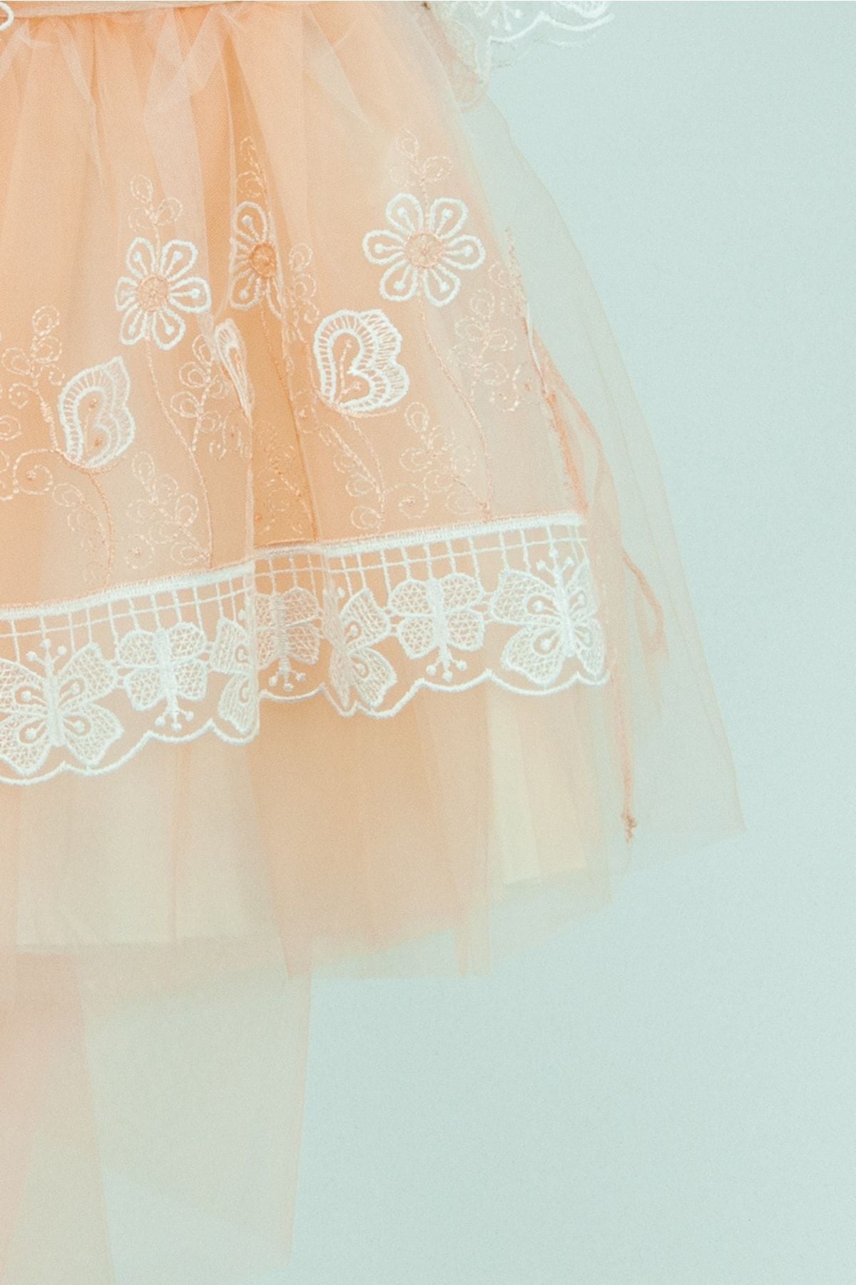 Kız Çocuk 1-2-3-4 Yaş Taçlı Kelebek Papatya Nakışlı Kuyruklu Elbise