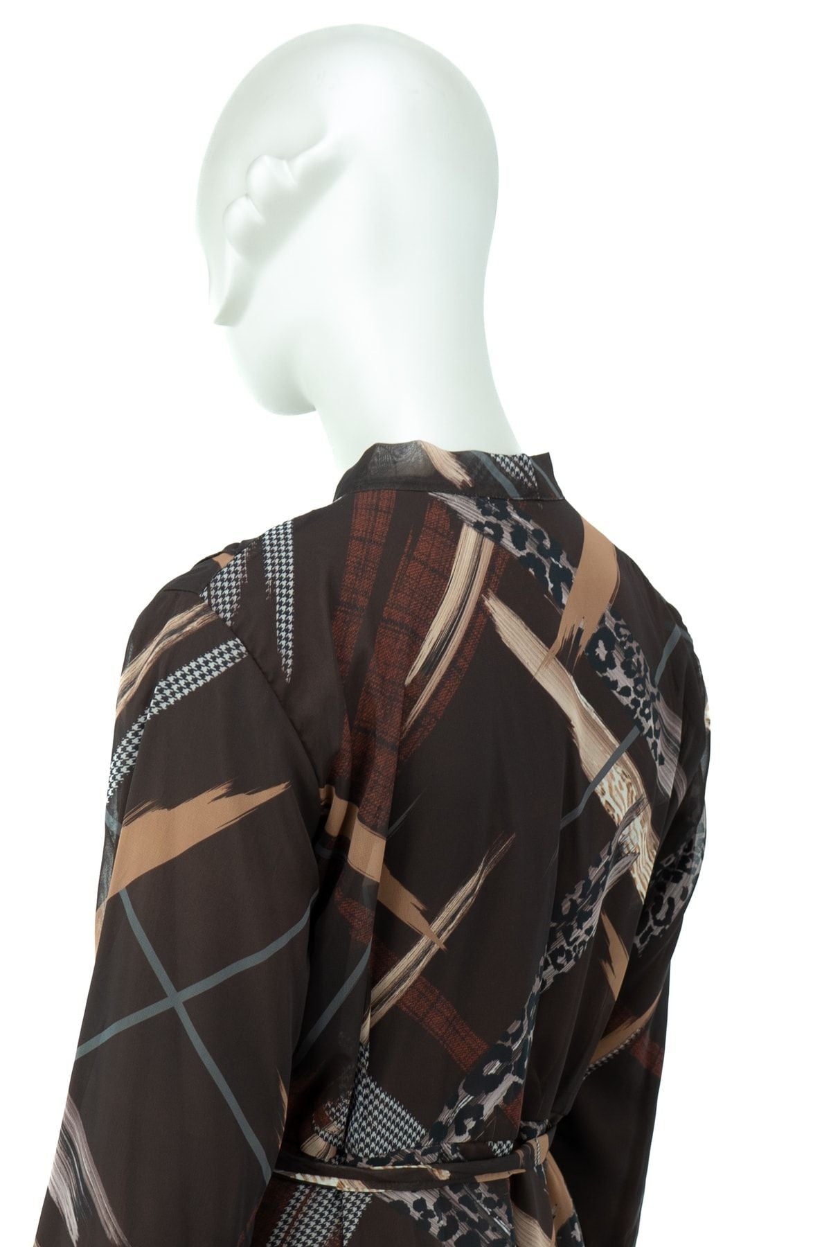 Kadın Zarif Desenli Yuvarlak Yaka Kuşaklı Astarlı Tam Kalıp Rahat Kesim Uzun Şifon Elbise