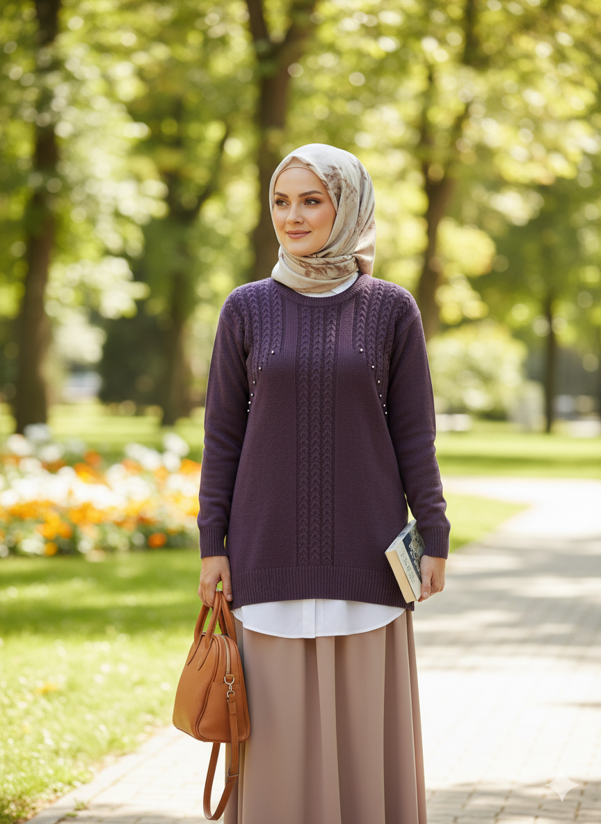 Oppland Kadın Kışlık Triko Kazak Bisiklet Yaka Boncuk Detaylı Motifli Rahat Tam Kalıp