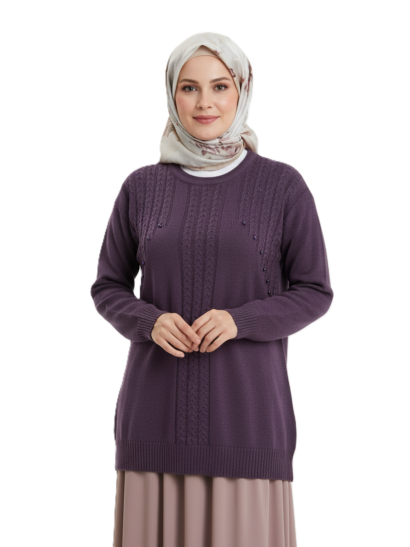 Oppland Kadın Kışlık Triko Kazak Bisiklet Yaka Boncuk Detaylı Motifli Rahat Tam Kalıp