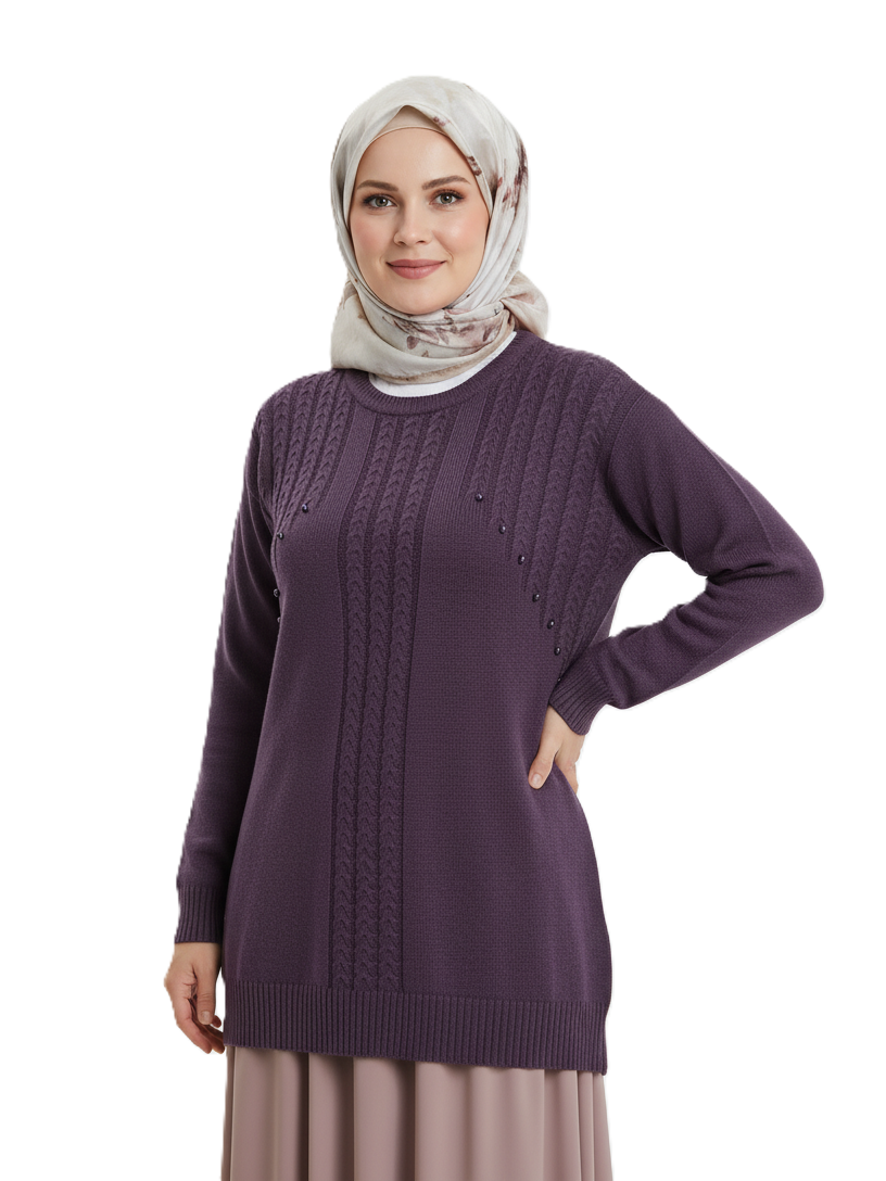 Oppland Kadın Kışlık Triko Kazak Bisiklet Yaka Boncuk Detaylı Motifli Rahat Tam Kalıp