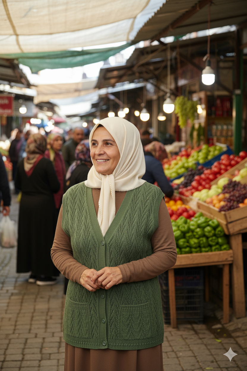 Kadın Kışlık Pamuklu Triko Klasik Örme Anne Yelek Kilim Örgü Model Önden Düğmeli Çift Cepli