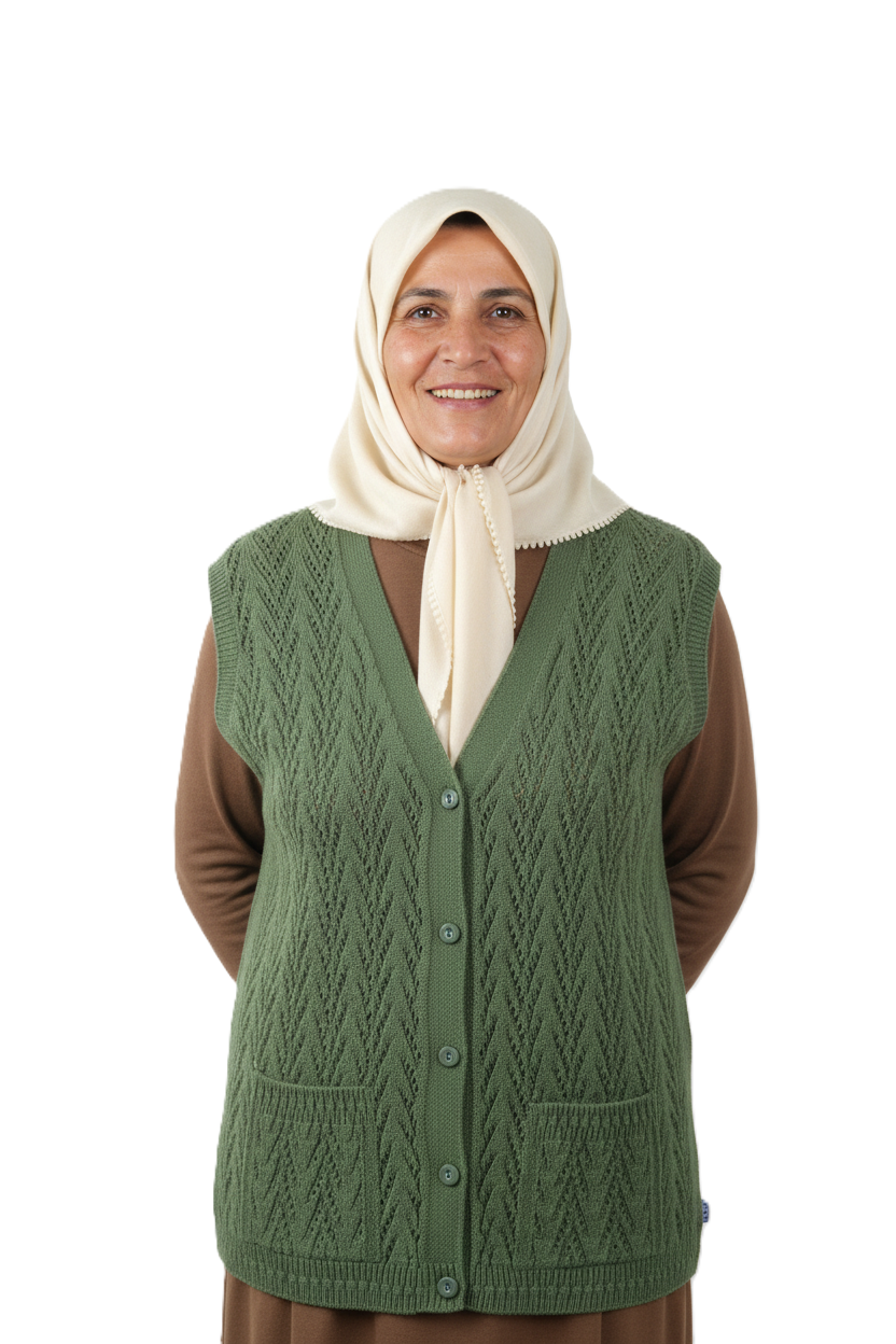 Kadın Kışlık Pamuklu Triko Klasik Örme Anne Yelek Kilim Örgü Model Önden Düğmeli Çift Cepli