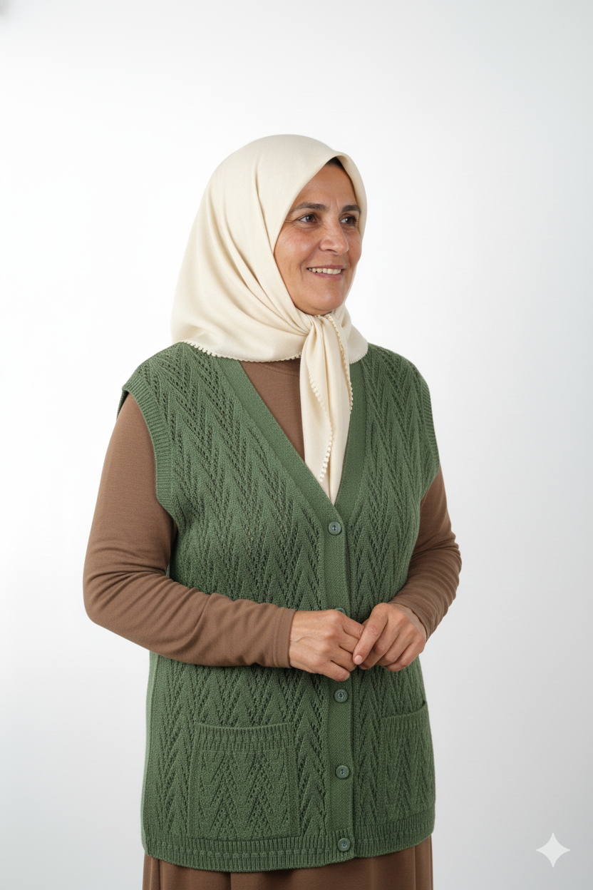 Kadın Kışlık Pamuklu Triko Klasik Örme Anne Yelek Kilim Örgü Model Önden Düğmeli Çift Cepli