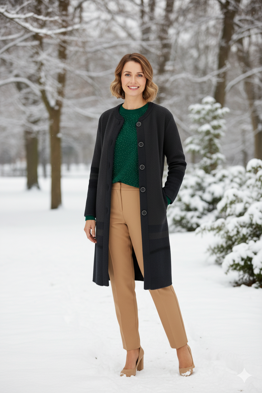 Kadın Kışlık Kalın Angora Yün Örme Anne Uzun Hırka Düğmeli Cepli Tam Kalıp Yuvarlak Yakalı