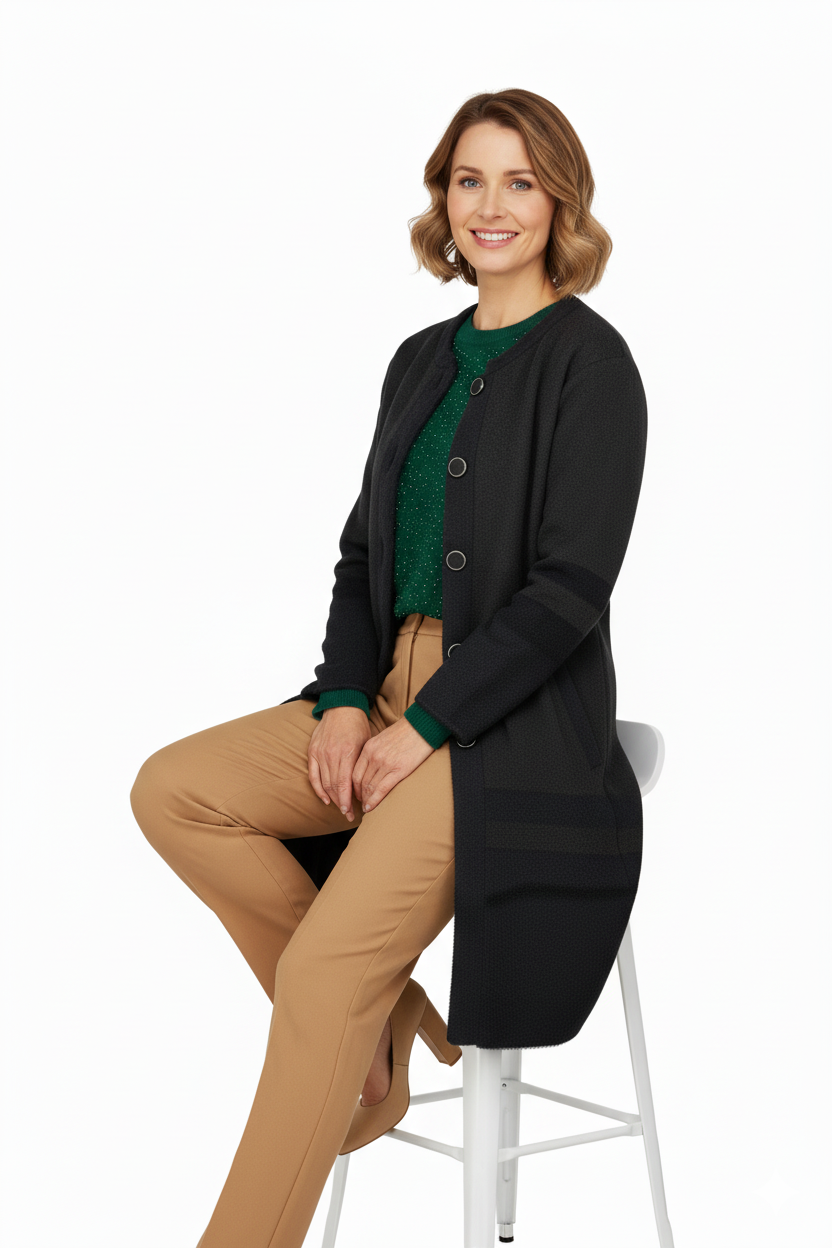 Kadın Kışlık Kalın Angora Yün Örme Anne Uzun Hırka Düğmeli Cepli Tam Kalıp Yuvarlak Yakalı