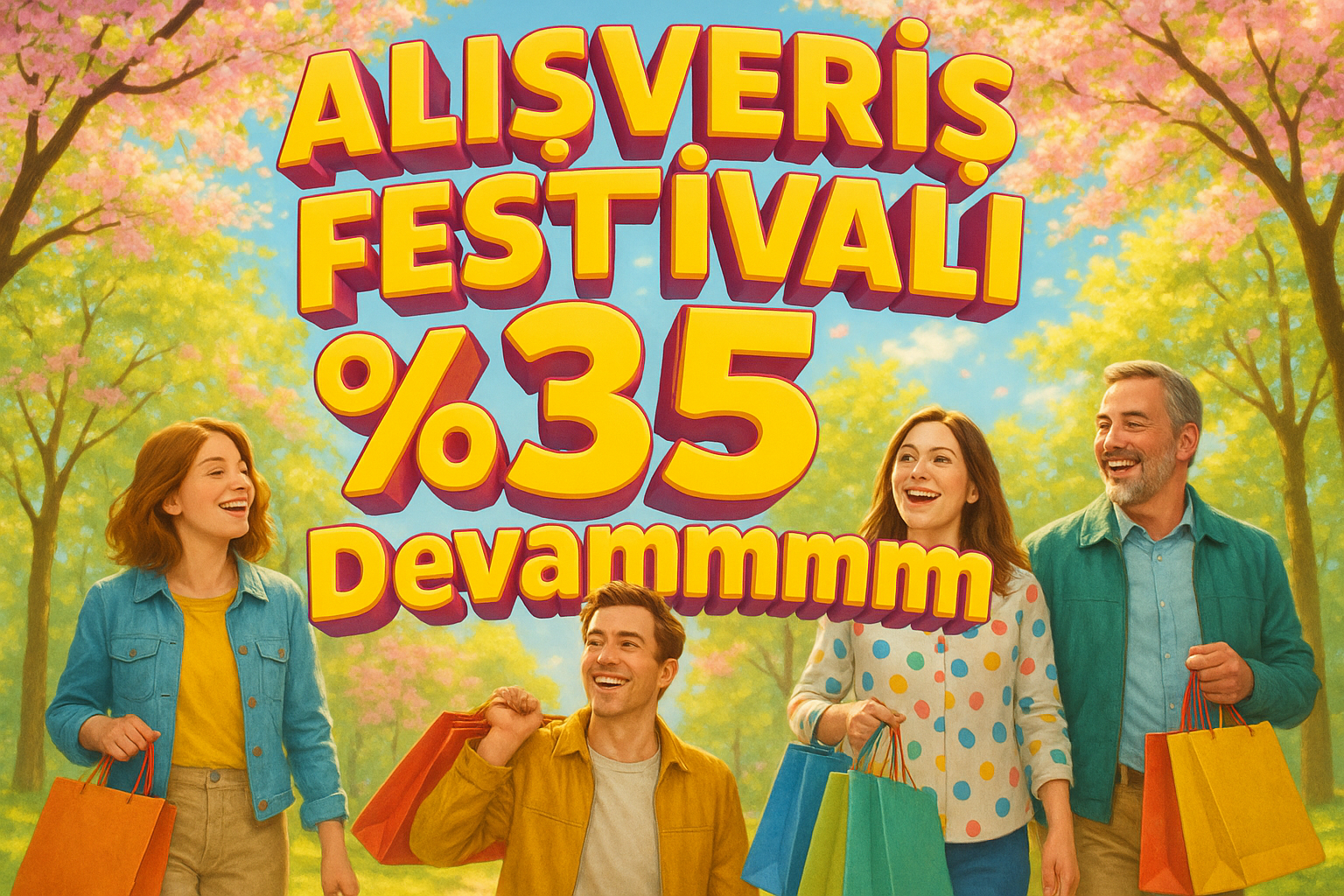 Alışveriş Festivali %35 Devaaaammm yazılı bir banner. 3d yazı stili olsun. bahar kıyafetleri giyen insanların ağaçların altında duran güneşli bir günden görsel olsun.