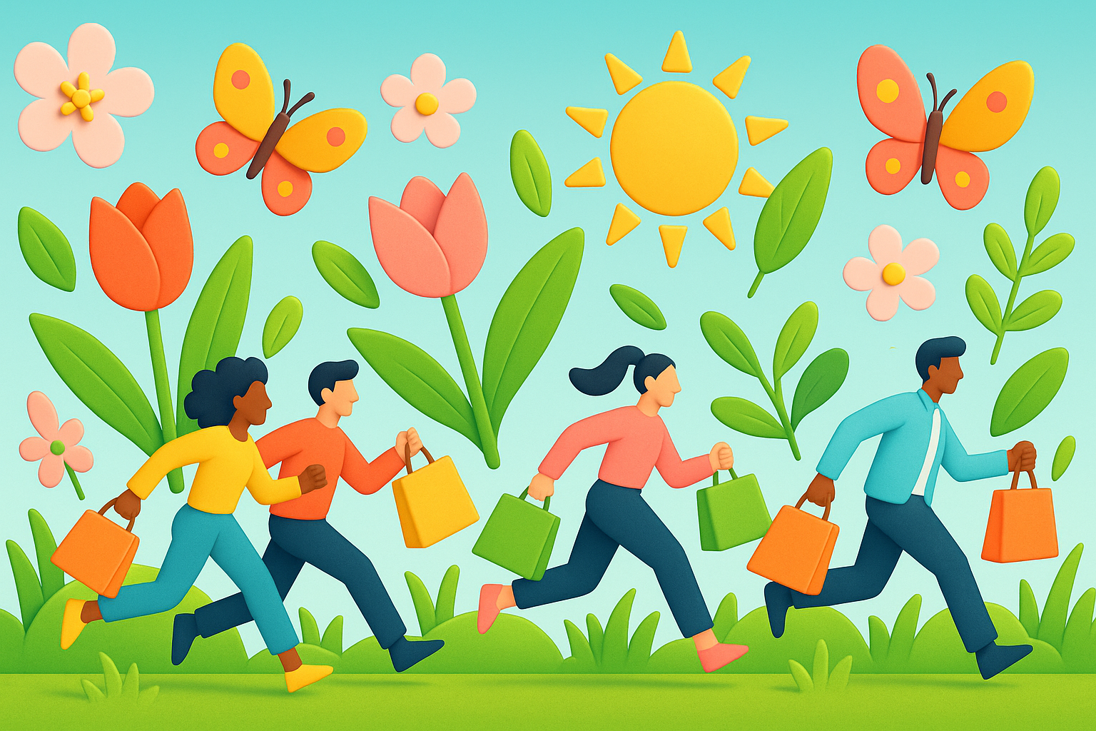 baharın simgeleririn yer aldığı bir banner, alışverişe koşanlar olsun. vektörel üç boyutlu simgeler kullan.