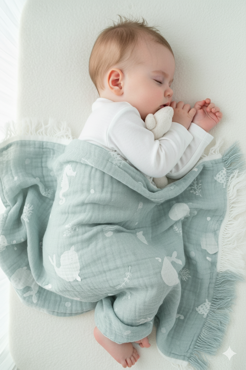 Oppland Erkek Bebek Battaniyesi Jakarlı Çift Katlı Ultra Lüks Yumuşak Müslin Kumaş 100*120 cm