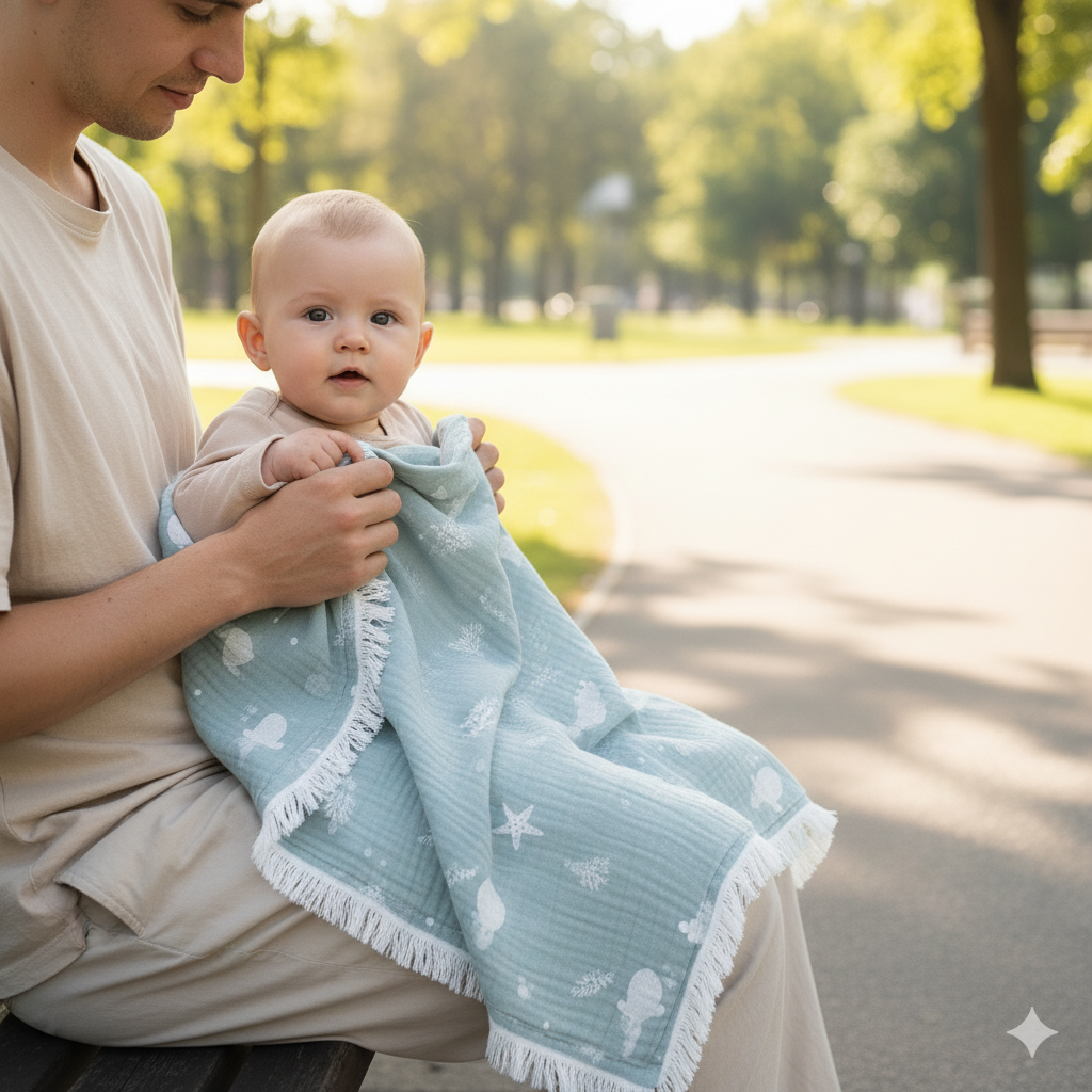 Oppland Erkek Bebek Battaniyesi Jakarlı Çift Katlı Ultra Lüks Yumuşak Müslin Kumaş 100*120 cm