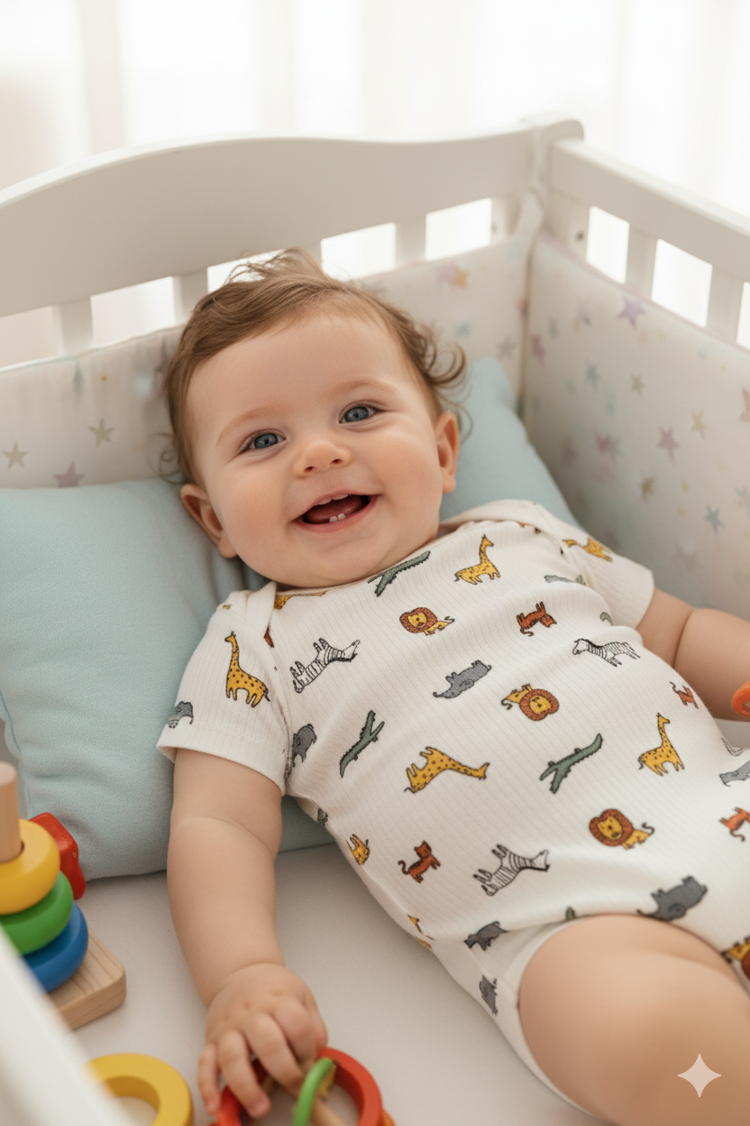 Oppland Erkek Bebek Zıbın Badi Yarım Kollu  %100 Pamuk Kumaş Baskılı Çıtçıtlı Yeni Doğan