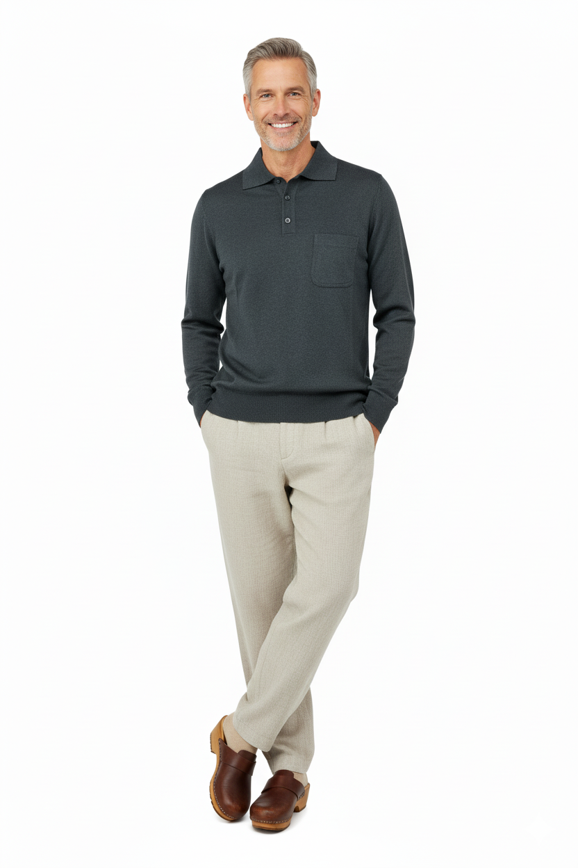 Oppland Erkek Kazak Premium Yün Tarzı Klasik Polo Yaka Düğmeli Cepli Rahat Tam Kalıp