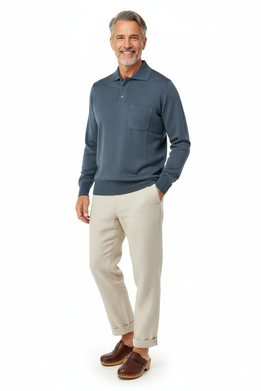 Oppland Erkek Kazak Premium Yün Tarzı Klasik Polo Yaka Düğmeli Cepli Rahat Tam Kalıp