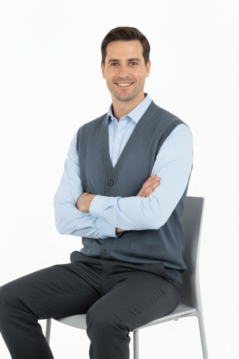 Erkek V Yakalı Düğmeli Cepli Klasik Model Rahat Kesim Tam Kalıp Yünlü Dokuma Yelek